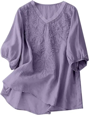 Women Linen Shirts V-Neck Embroidered Blouse Lapel Collar 2025 Fashion Tops Short Sleeve Loose Fit Tunic Tops
