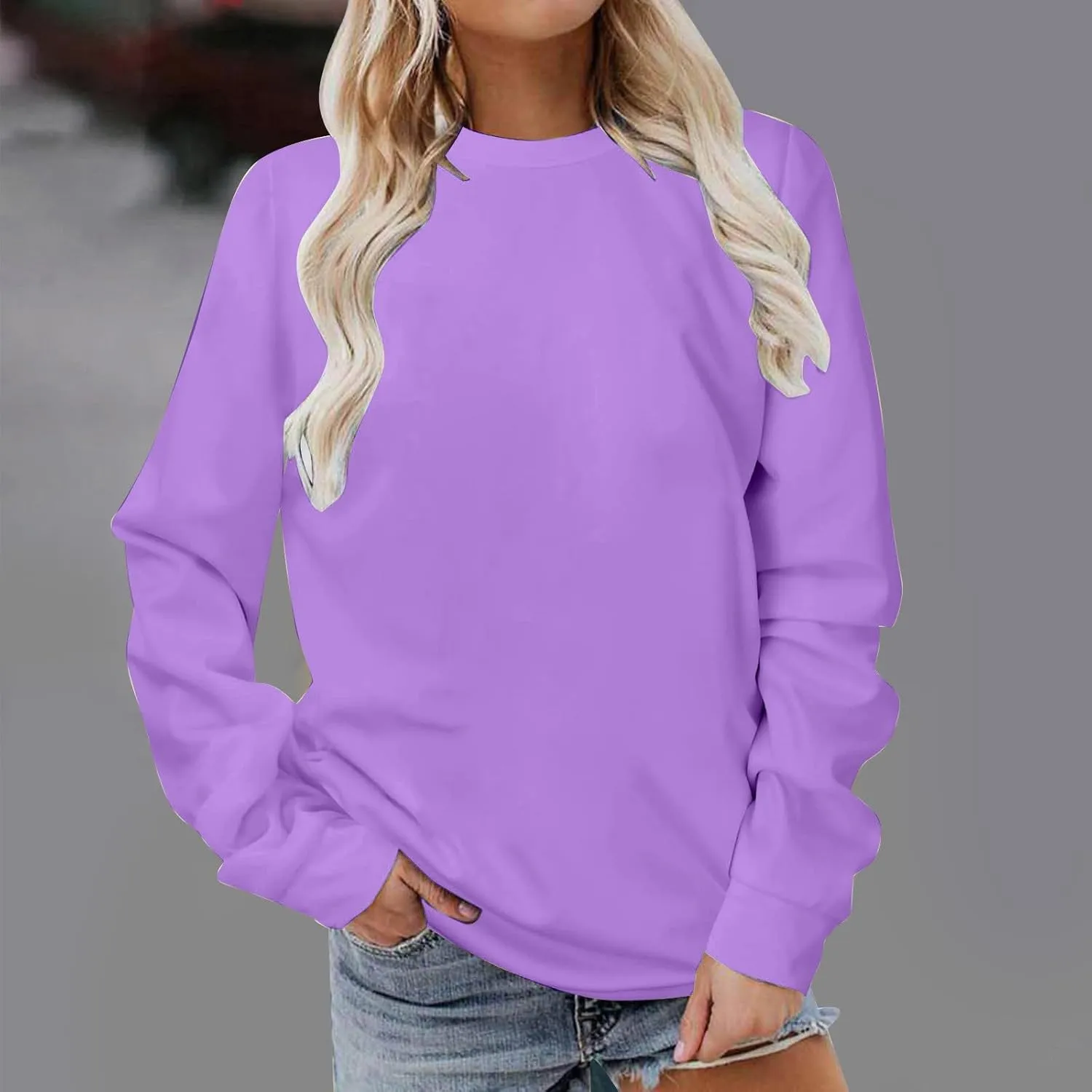 Women Long Sleeve Sweatshirt 2023 Solid Plain Crewneck Pullover Shirts Loose Fit Casual Classic Blouses Fall Fashion Tee Tops