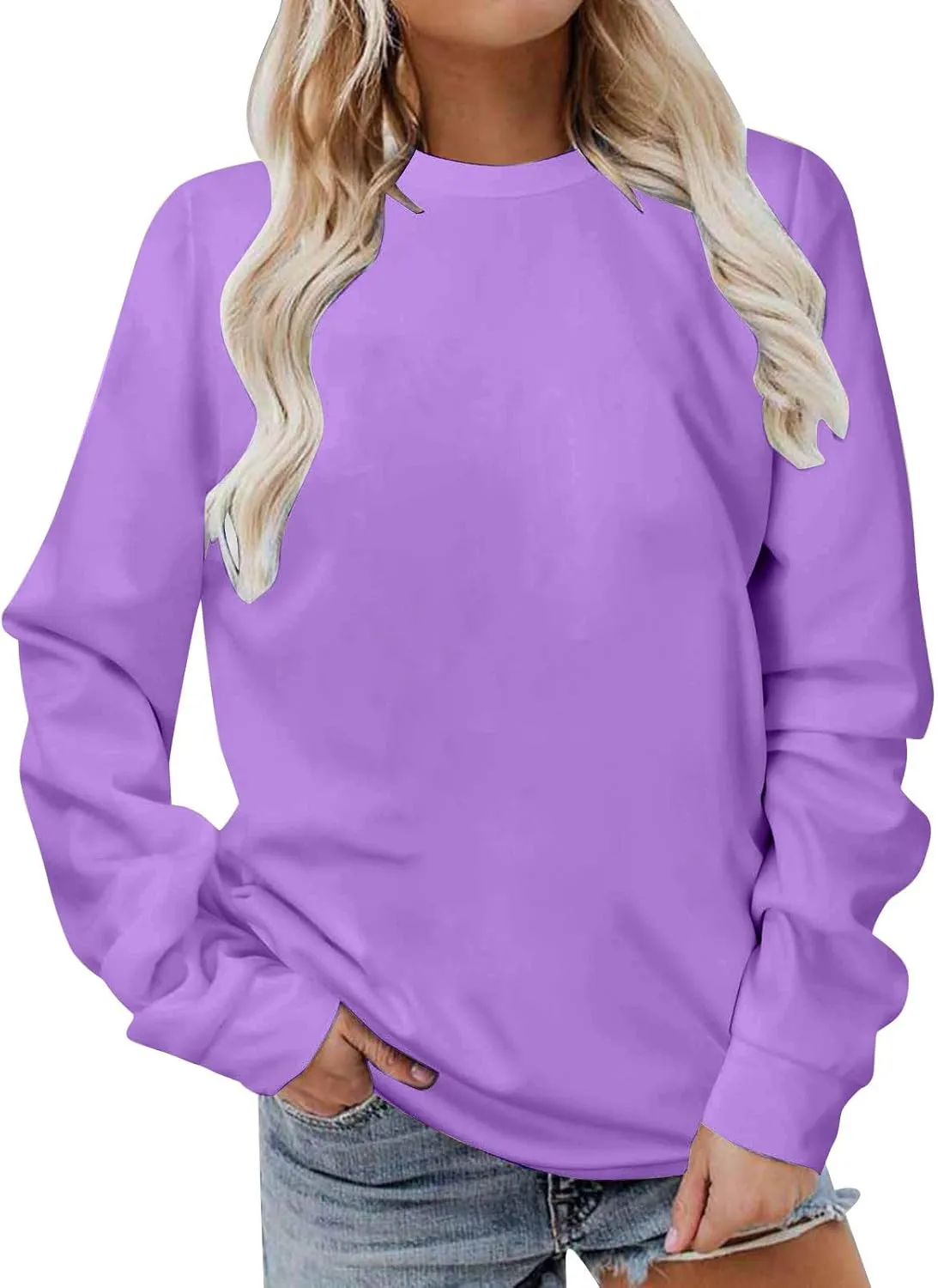 Women Long Sleeve Sweatshirt 2023 Solid Plain Crewneck Pullover Shirts Loose Fit Casual Classic Blouses Fall Fashion Tee Tops
