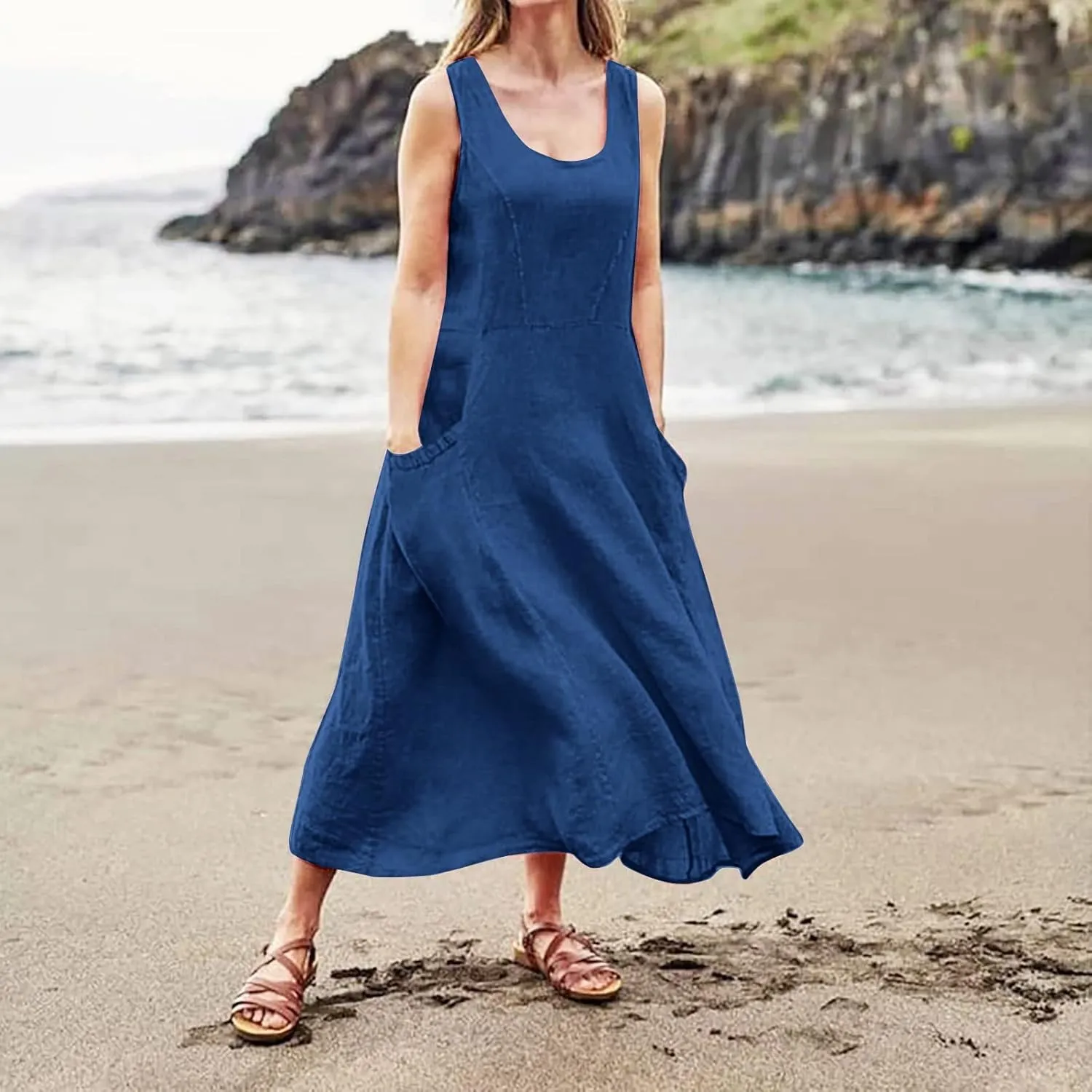 Women Maxi Dress Cotton Linen Loose Fit Dresses Summer Beach Dress Sleeveless Hawaiian Long Formal with Pockects