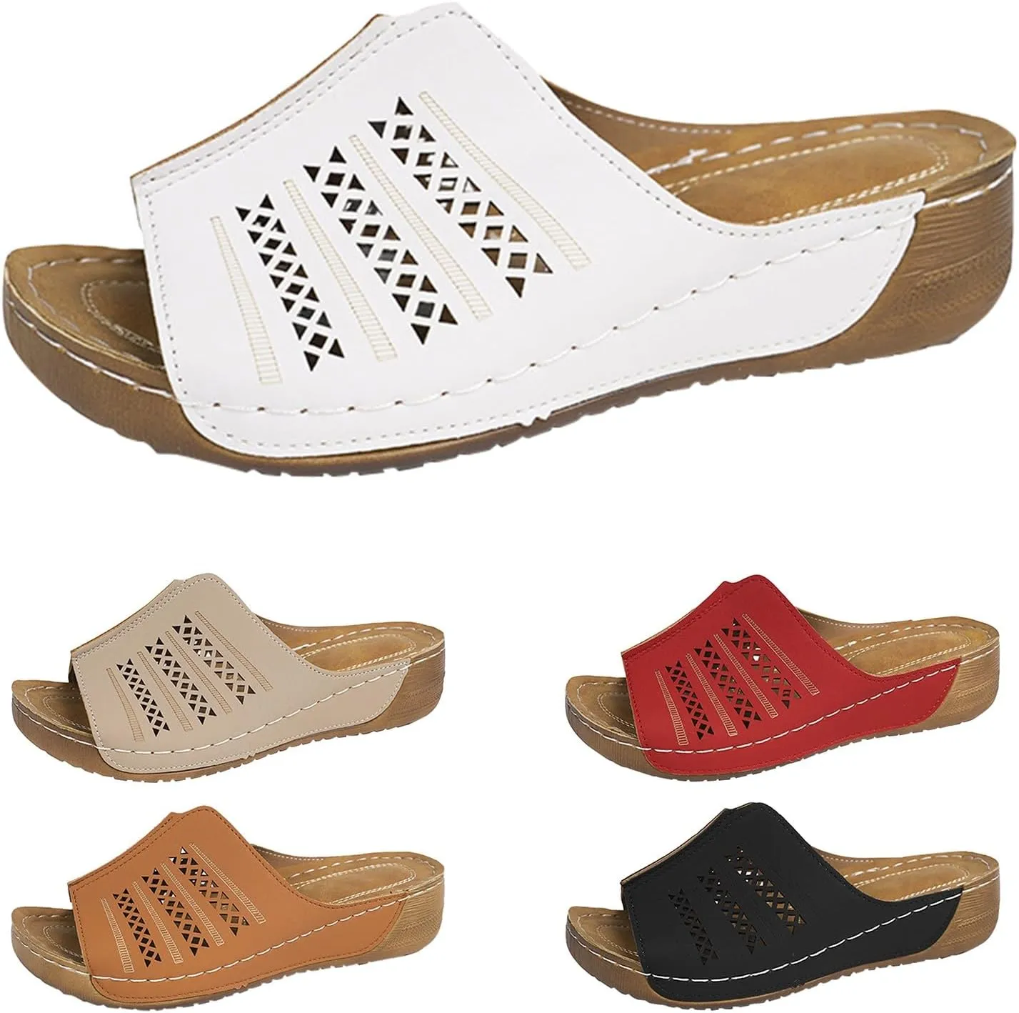 Women Orthopedic Sandals with Arch Support Leather Wedge Sandals Fish Mouth Slip On Beach Slippers Casual Walking Slides