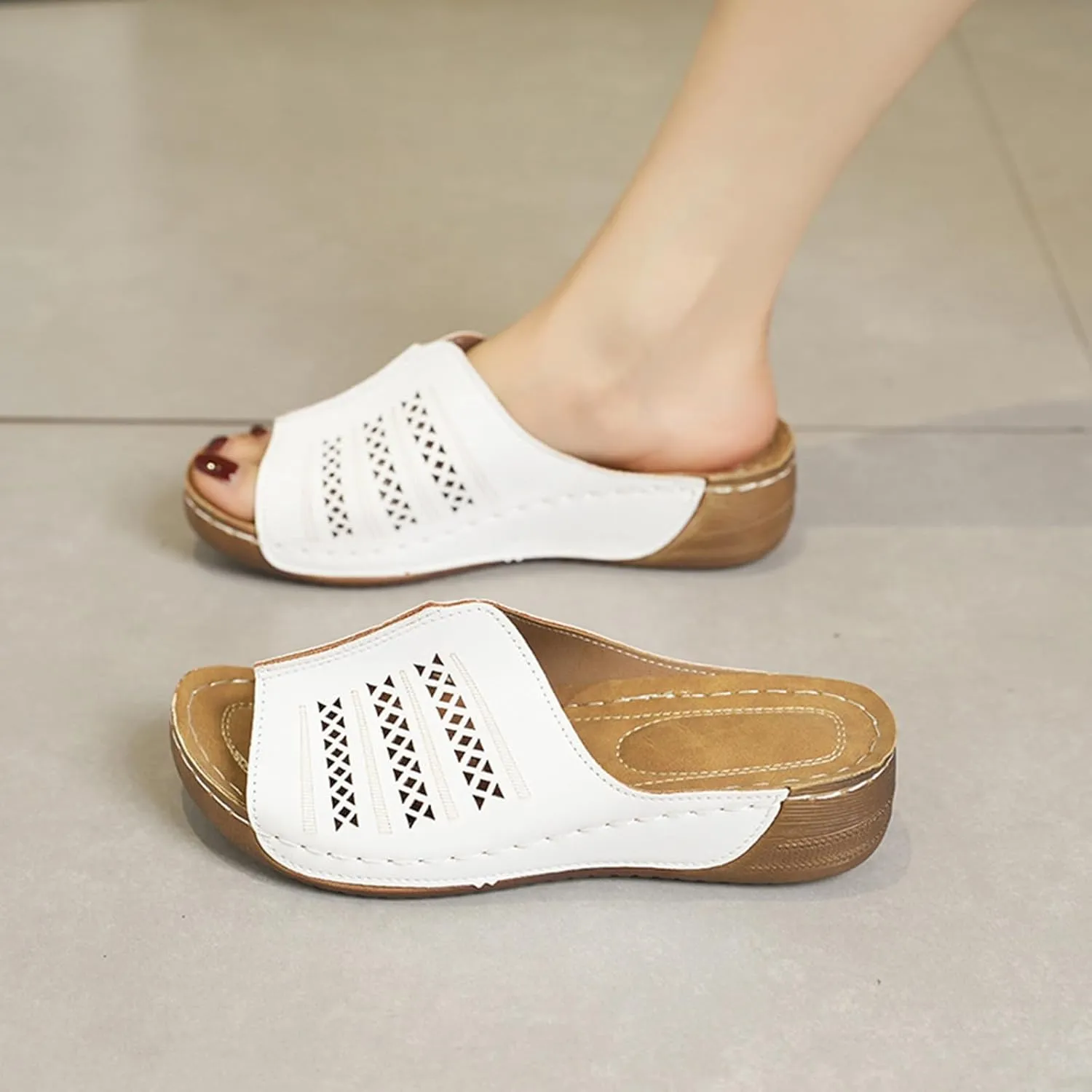 Women Orthopedic Sandals with Arch Support Leather Wedge Sandals Fish Mouth Slip On Beach Slippers Casual Walking Slides