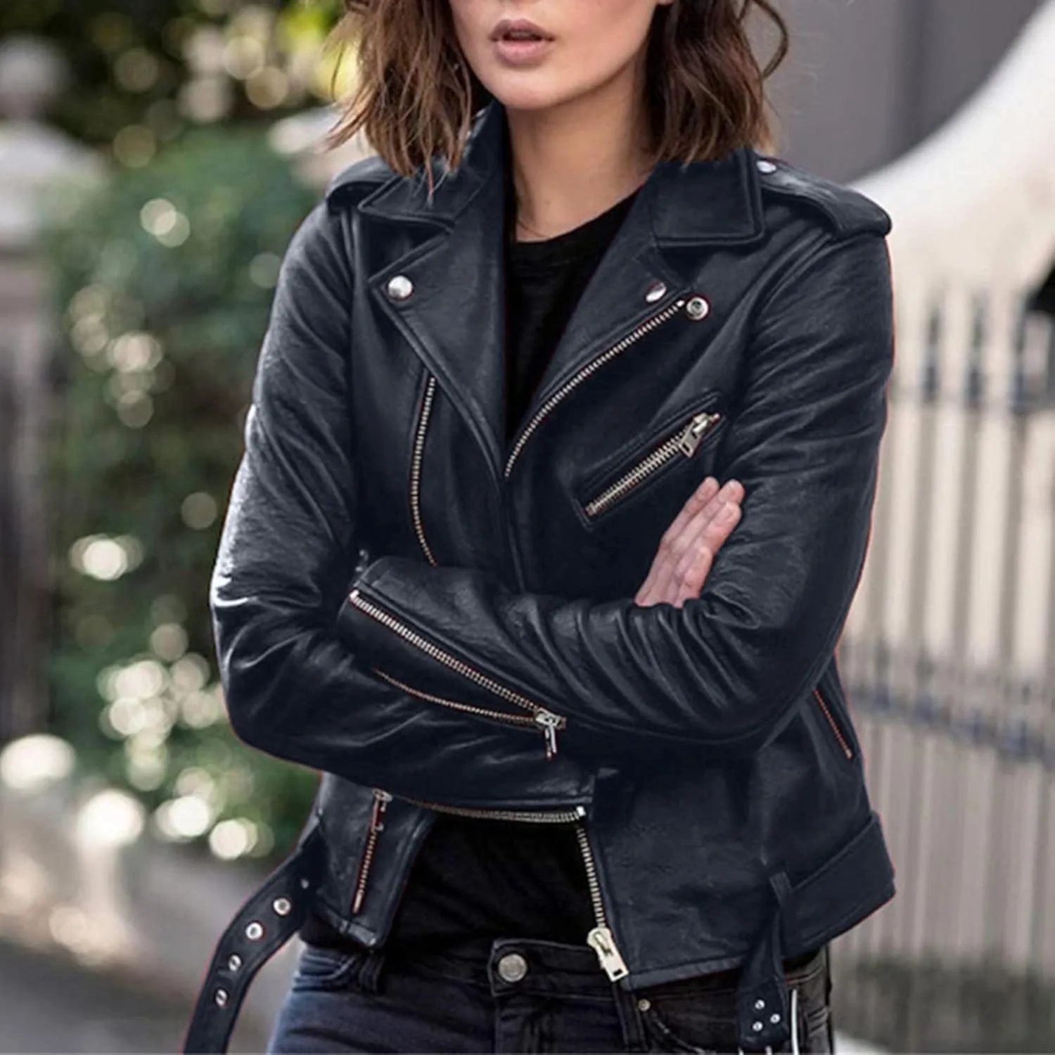 Women Plus Size Fashion Faux Leather Jacket Long Sleeve Zipper Fitted Artificial Leather Coat Fall Warm Fuzzy
