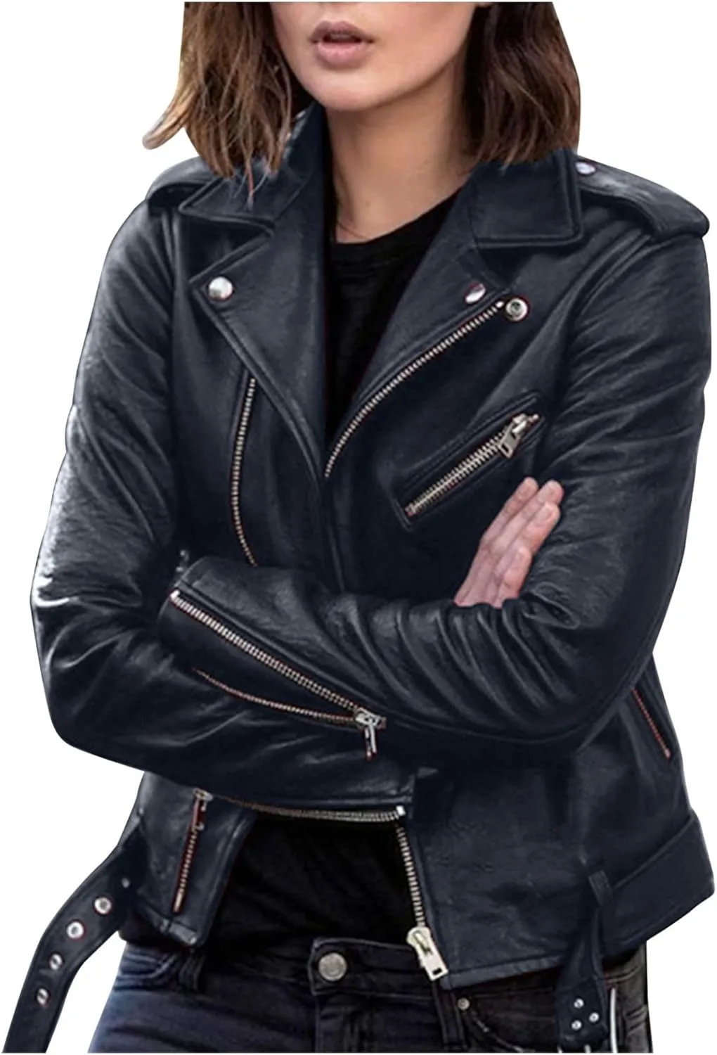Women Plus Size Fashion Faux Leather Jacket Long Sleeve Zipper Fitted Artificial Leather Coat Fall Warm Fuzzy