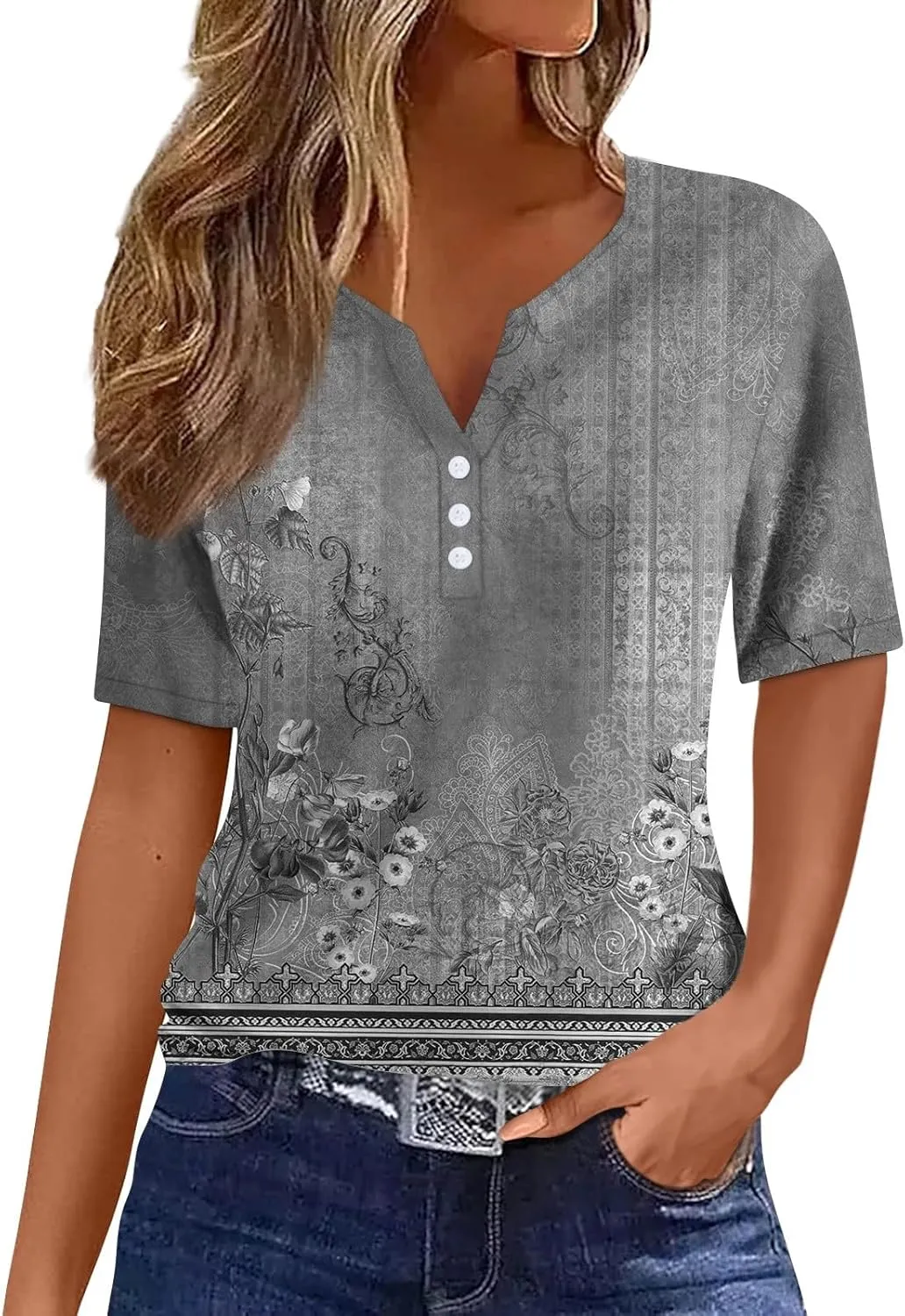 Women Short Sleeve Tops 2024 Summer Casual Pullover Fashion Blouse Tees Button V Neck Printed T Shirt Plus Size