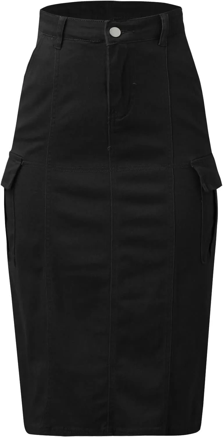Women Solid Casual High Waist Slim Back Split Jean Skirt with Pockets Bathing Suit with Skirt (Black, M)