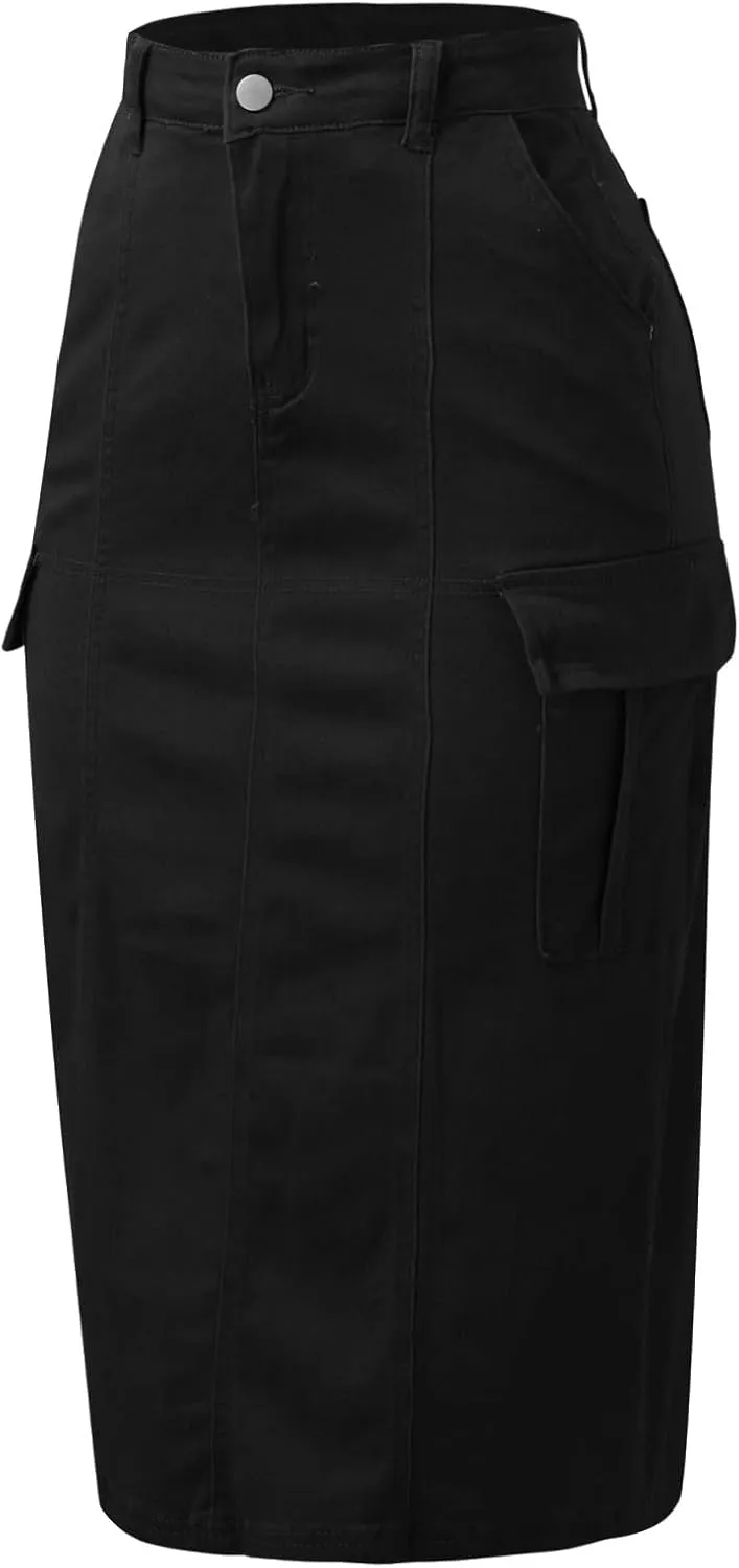 Women Solid Casual High Waist Slim Back Split Jean Skirt with Pockets Bathing Suit with Skirt (Black, M)