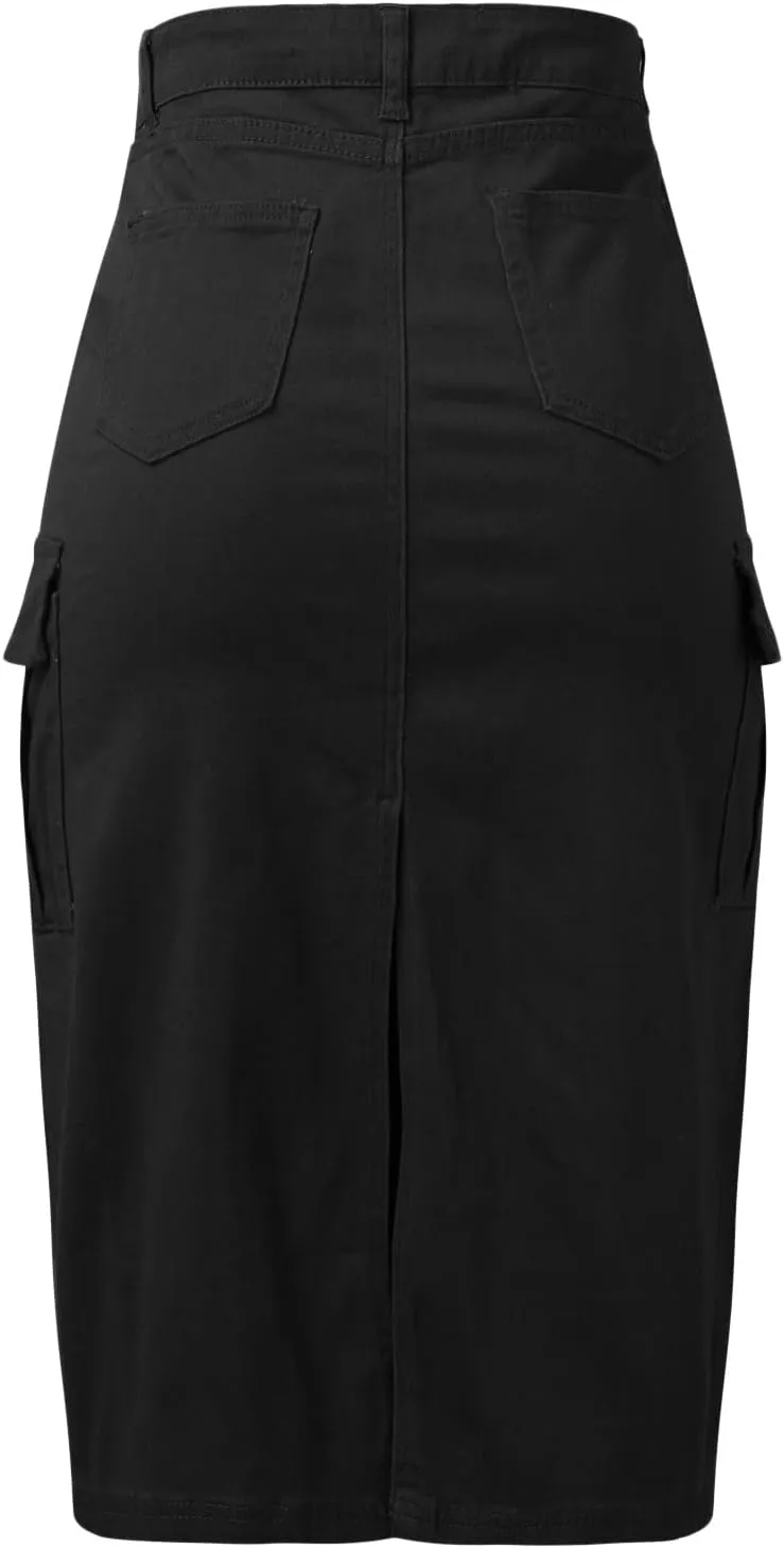 Women Solid Casual High Waist Slim Back Split Jean Skirt with Pockets Bathing Suit with Skirt (Black, M)