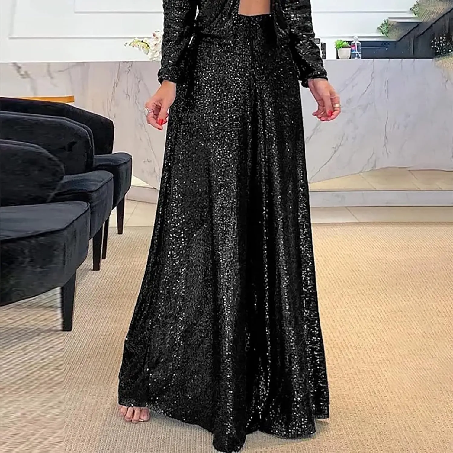 Women Sparkly Flared Leg Pants Cloth High Sequin Women Foot Sexy Pants Fashion Waisted Tape Trousers Night Out