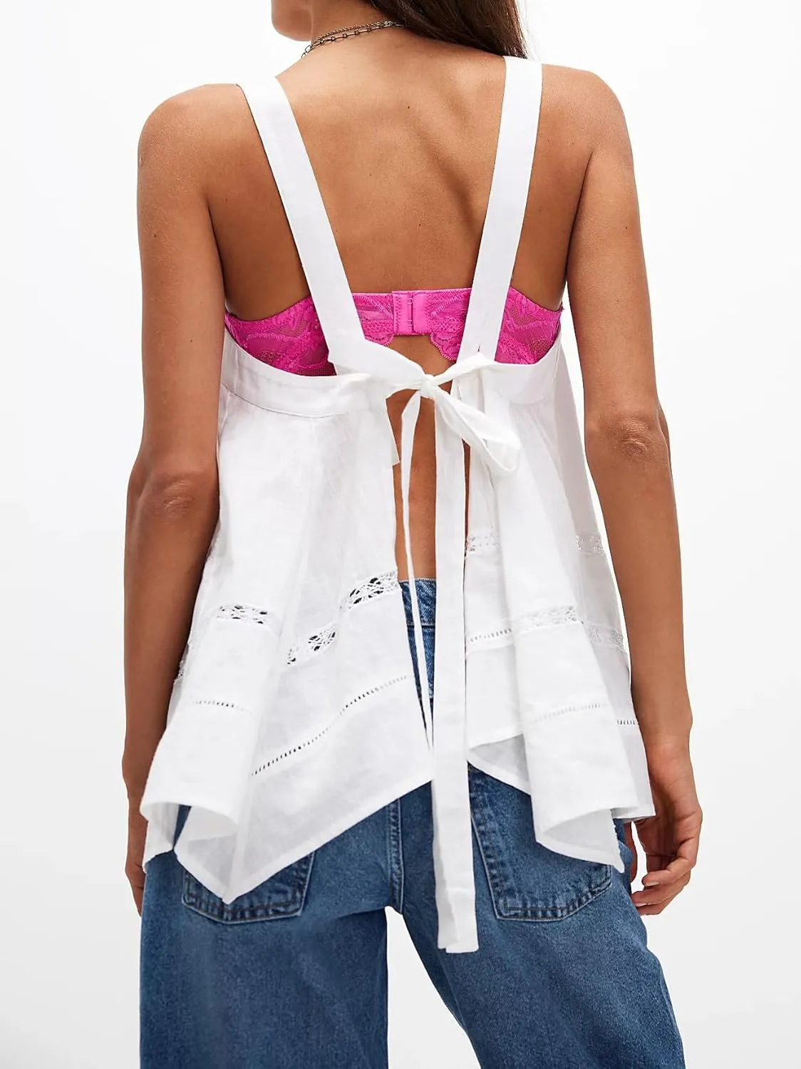 Women Square Neck Tank Top Y2k Bow Tie Front Adjustable Straps Pleated Cami Top Sleeveless Flowy Loose Shirt Blouse