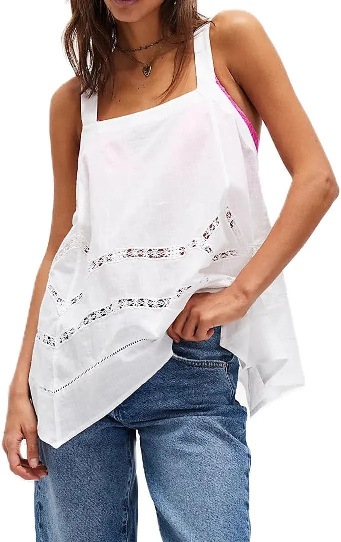 Women Square Neck Tank Top Y2k Bow Tie Front Adjustable Straps Pleated Cami Top Sleeveless Flowy Loose Shirt Blouse