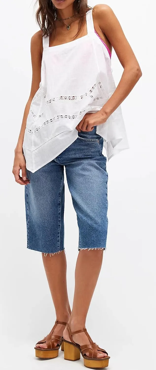 Women Square Neck Tank Top Y2k Bow Tie Front Adjustable Straps Pleated Cami Top Sleeveless Flowy Loose Shirt Blouse