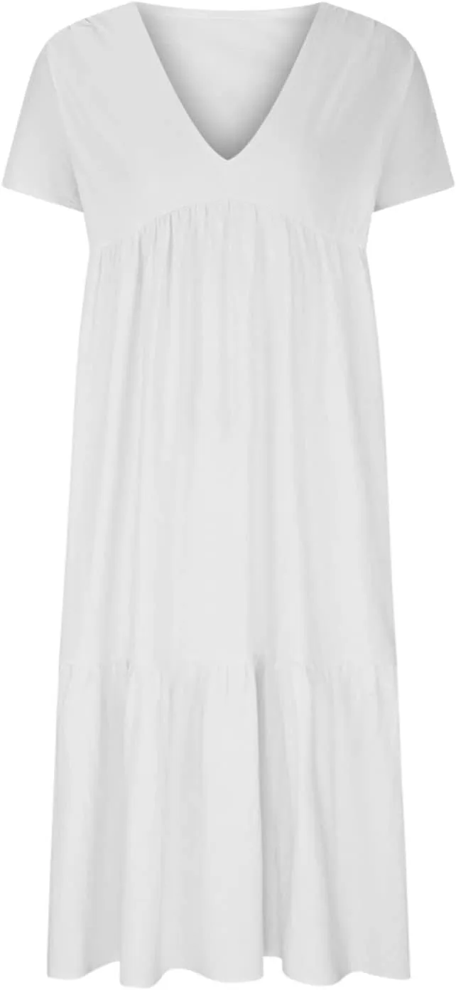 Women Summer Casual Dresses Short Sleeve V Neck Midi Tshirts Dress Flowy Tiered Beach Vacation Sundress 2024 Outfits
