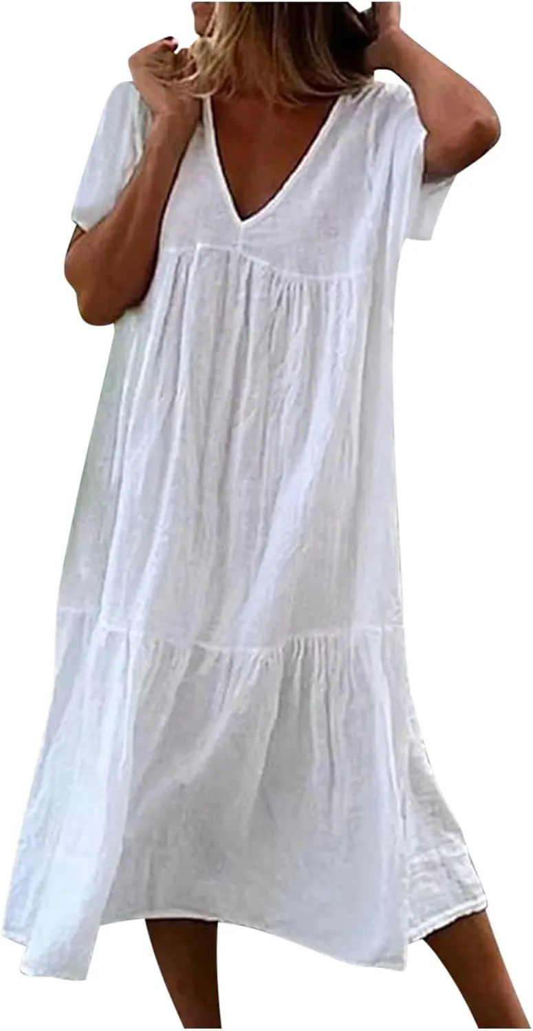 Women Summer Casual Dresses Short Sleeve V Neck Midi Tshirts Dress Flowy Tiered Beach Vacation Sundress 2024 Outfits