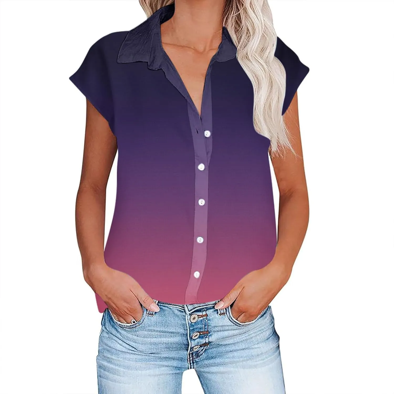 Women Summer Cotton Linen Tops Short Sleeve Button Down Shirts Trendy Dressy Blouse Tops Casual Chambray Clothes 2024