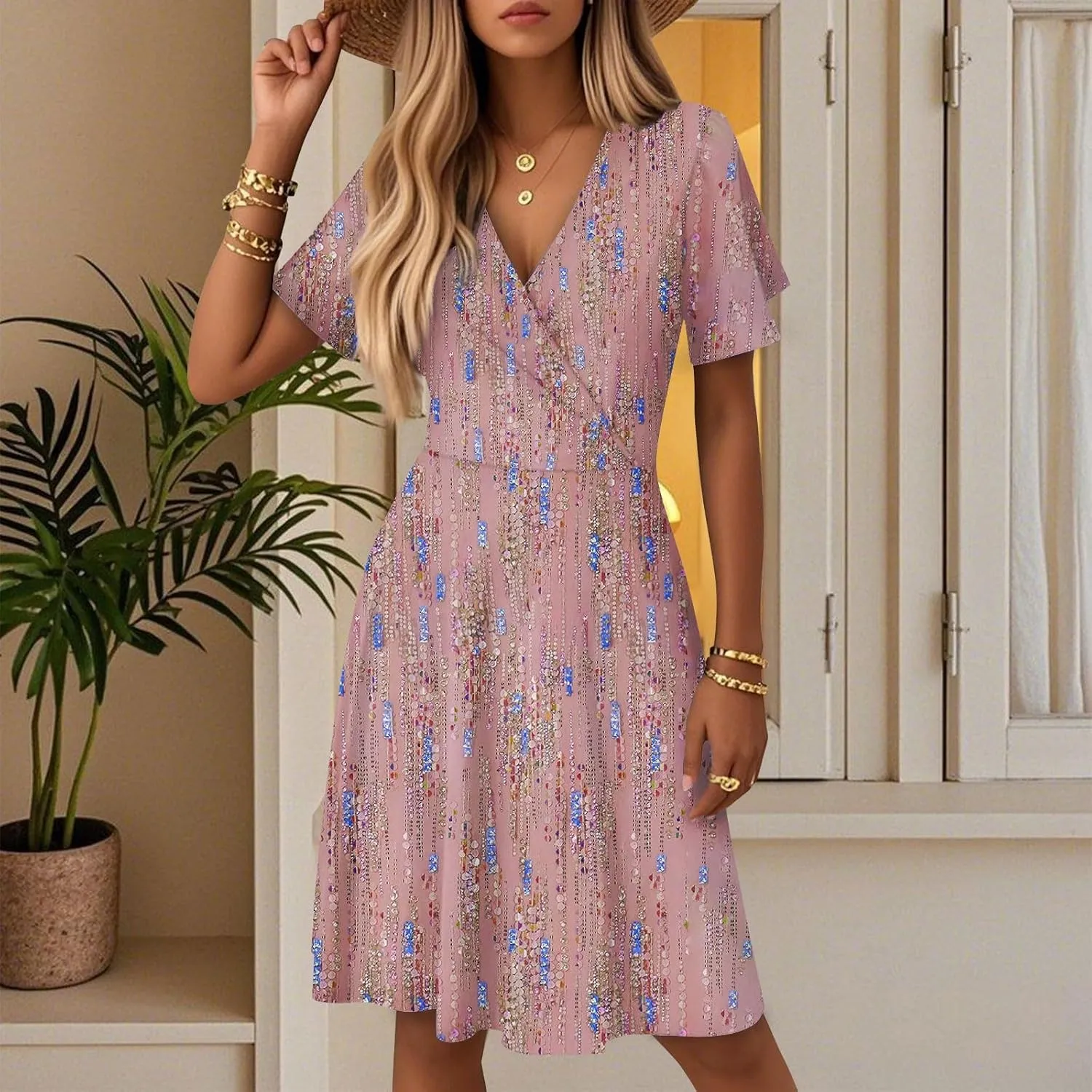 Women Summer Dresses 2025 Short Sleeve V Neck Tiered Ruffle Boho Swing Dress A-Line Floral Mini Dresses