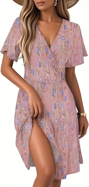 Women Summer Dresses 2025 Short Sleeve V Neck Tiered Ruffle Boho Swing Dress A-Line Floral Mini Dresses