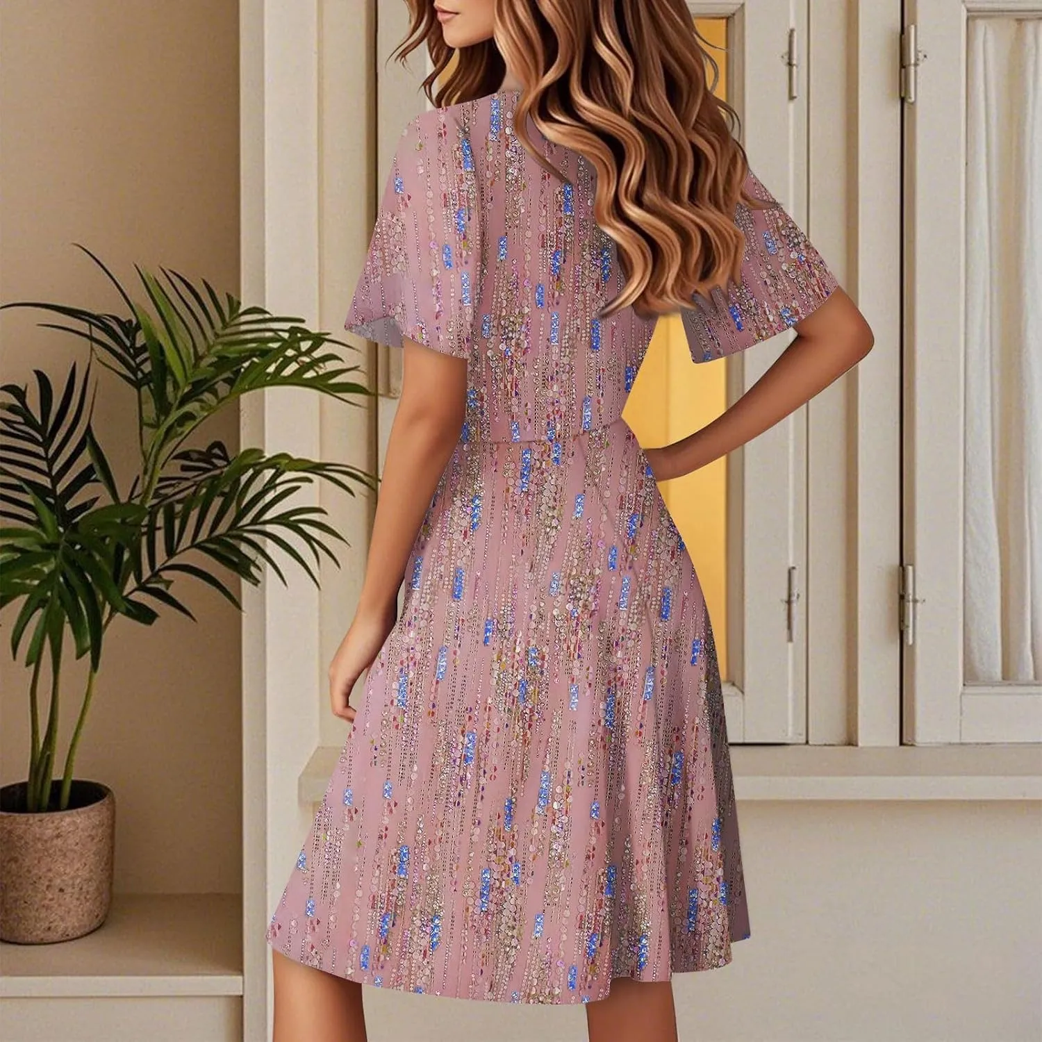 Women Summer Dresses 2025 Short Sleeve V Neck Tiered Ruffle Boho Swing Dress A-Line Floral Mini Dresses