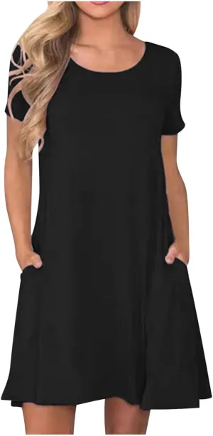Women Summer Dresses Short Sleeve Casual Round Neck Beach Dress Fashion Solid Color Vacation Loose Pleated Sundress