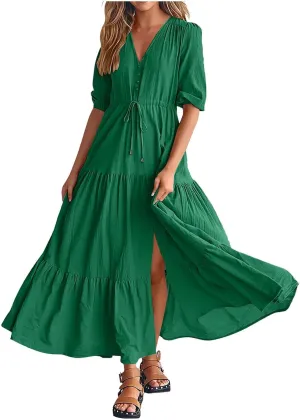 Women Summer Dresses Short Sleeves V Neck Button Drawstring Maxi Dresses Solid Color Boho Long Dresses Lace Cap