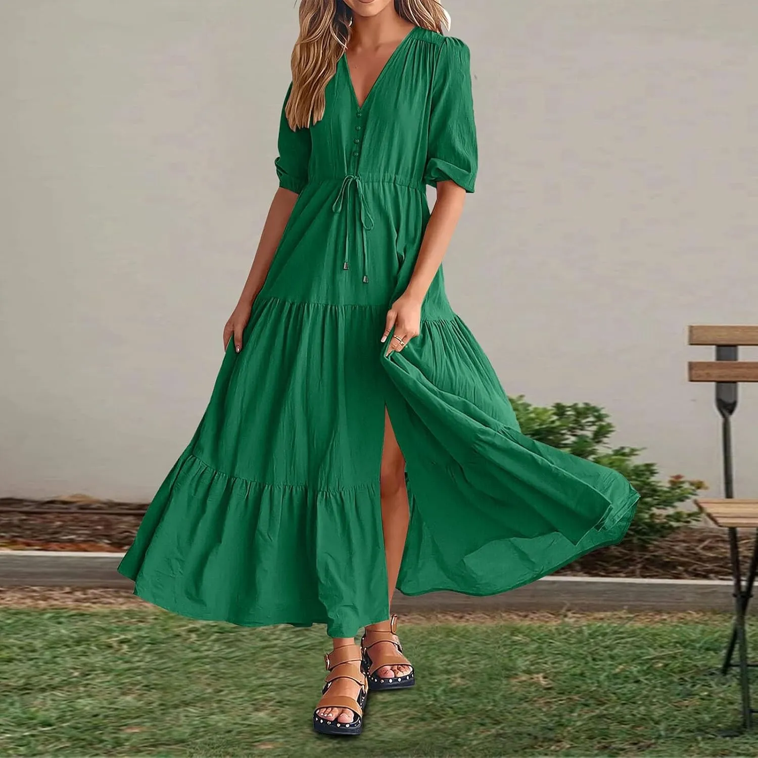 Women Summer Dresses Short Sleeves V Neck Button Drawstring Maxi Dresses Solid Color Boho Long Dresses Lace Cap