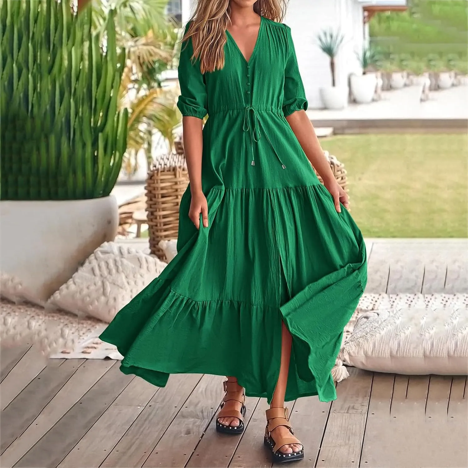 Women Summer Dresses Short Sleeves V Neck Button Drawstring Maxi Dresses Solid Color Boho Long Dresses Lace Cap