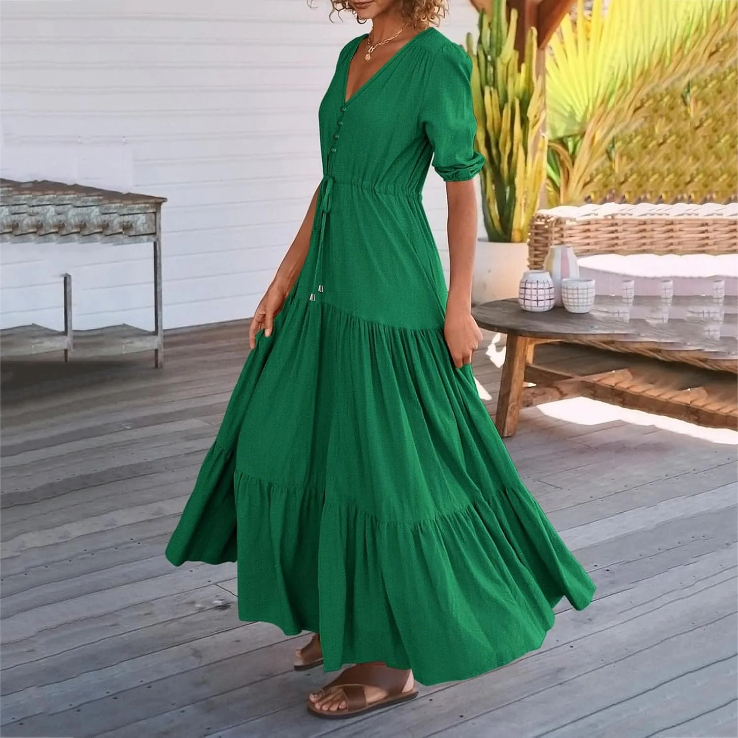 Women Summer Dresses Short Sleeves V Neck Button Drawstring Maxi Dresses Solid Color Boho Long Dresses Lace Cap
