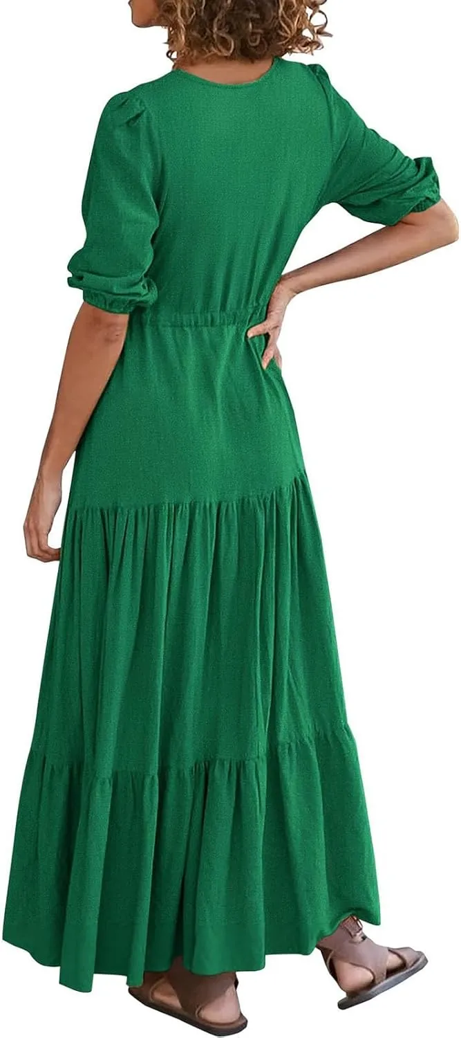 Women Summer Dresses Short Sleeves V Neck Button Drawstring Maxi Dresses Solid Color Boho Long Dresses Lace Cap