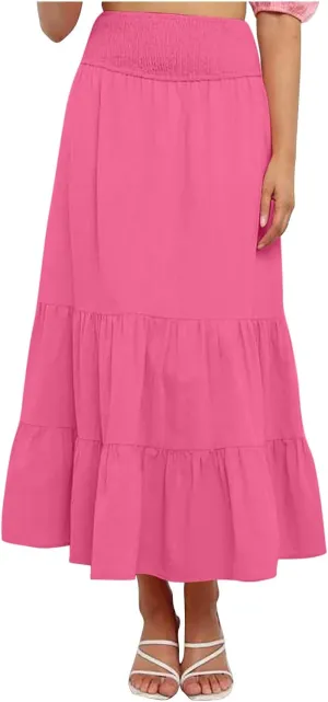 Women Summer Midi Skirts Flowy Elastic High Waist Pleated Tiered Casual Swing Boho A Line Ruffle Skirt