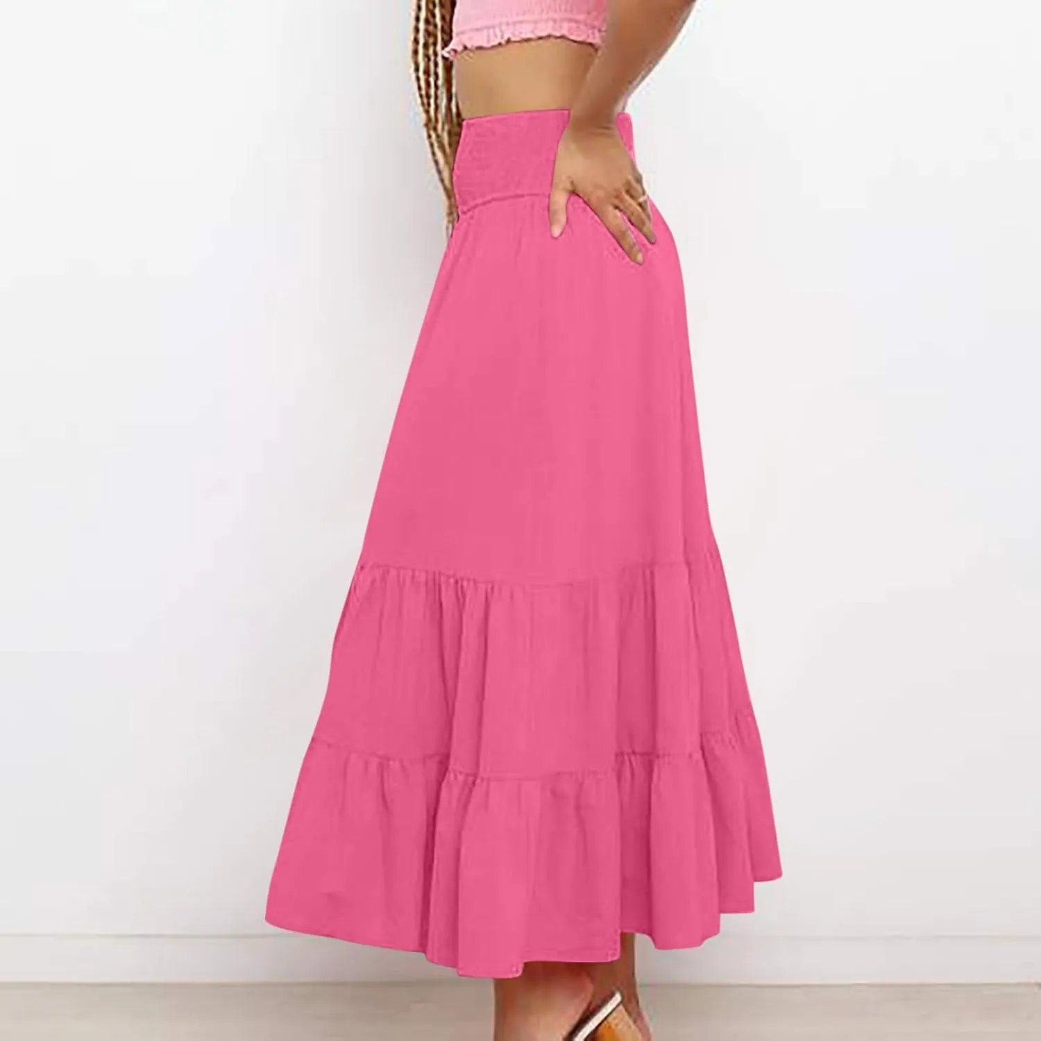 Women Summer Midi Skirts Flowy Elastic High Waist Pleated Tiered Casual Swing Boho A Line Ruffle Skirt