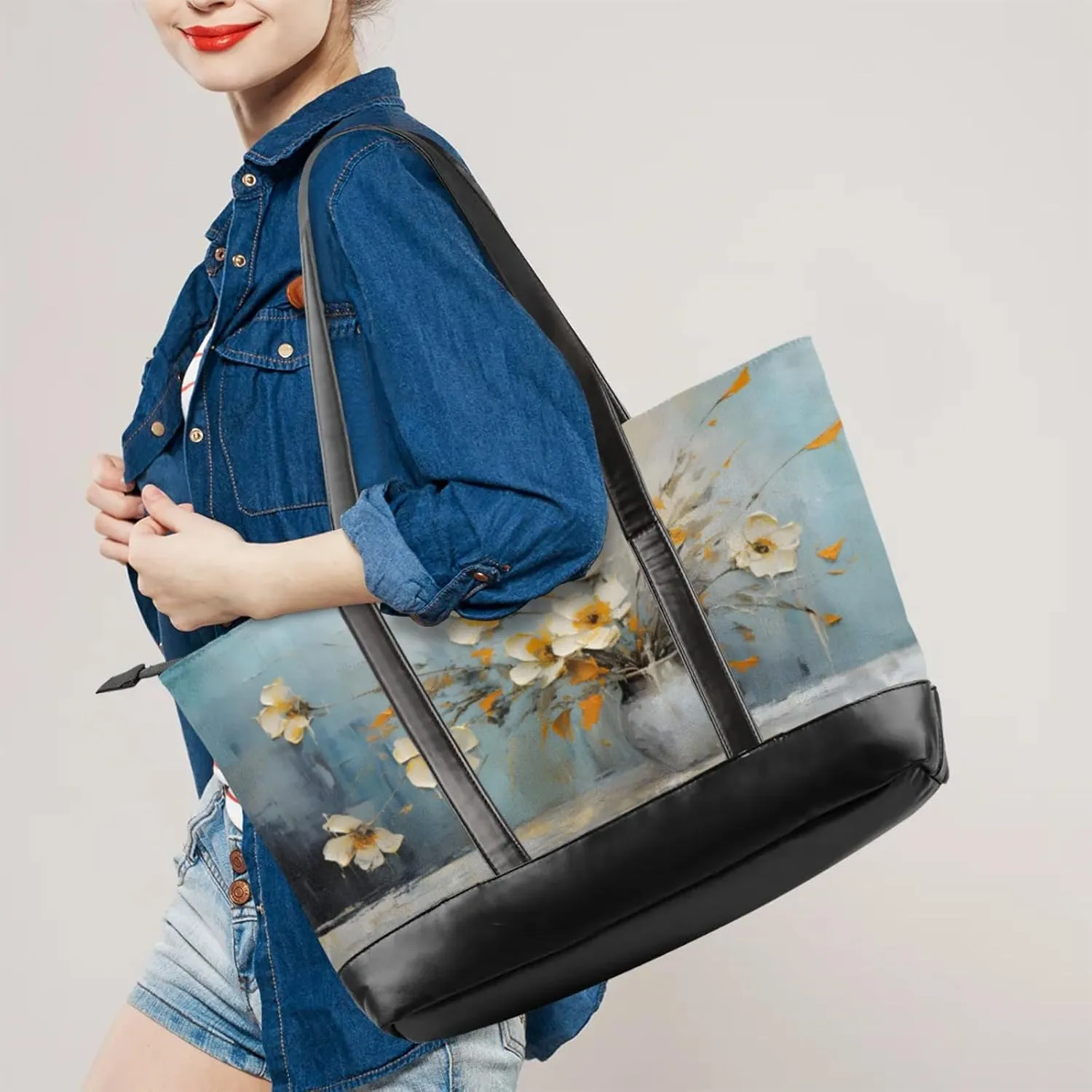 Women Tote Bag with Zipper, Shopper Handbag Travel Purse, PU Leather Laptop Tote Bags, Weekender Tote Bags
