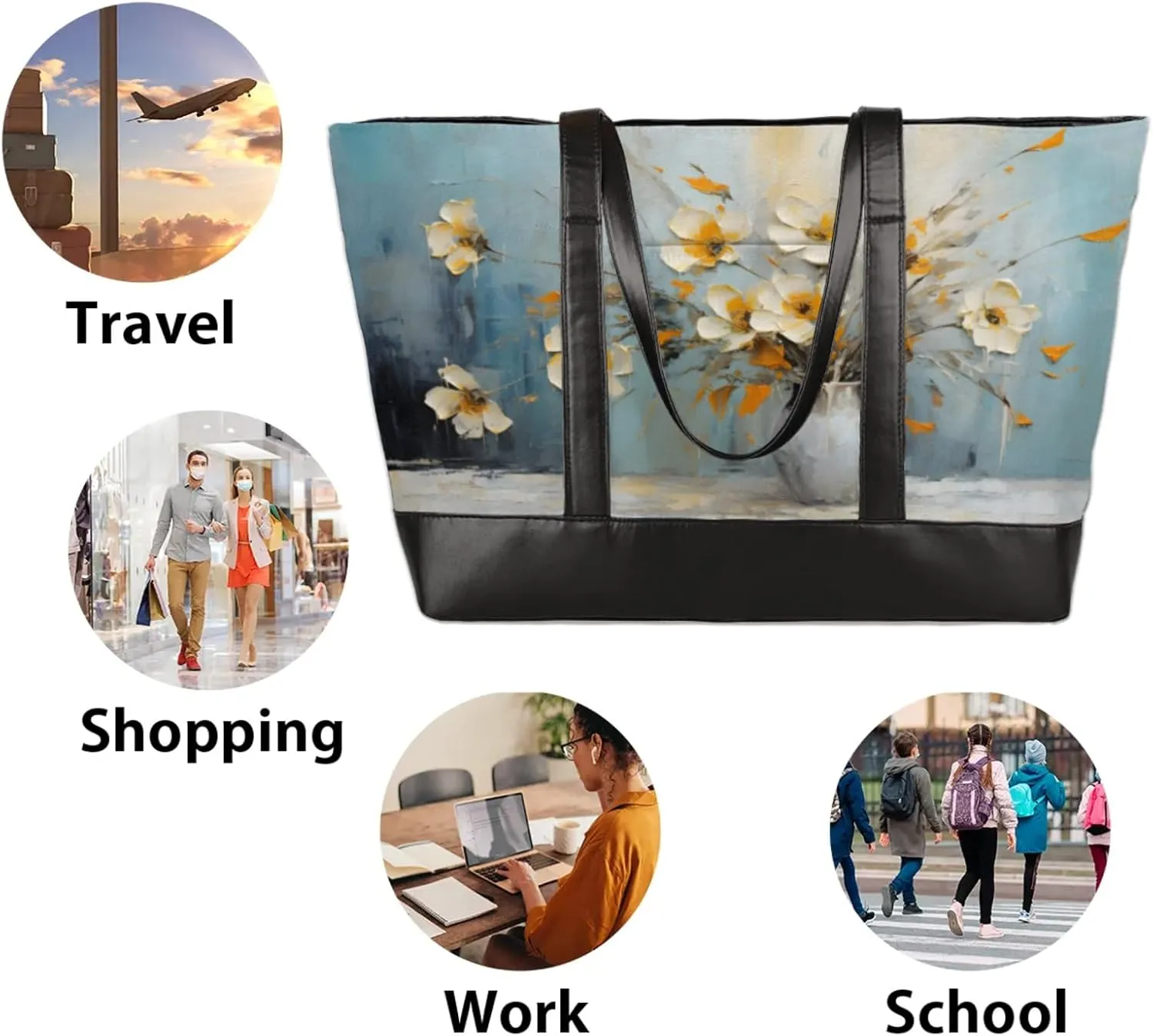 Women Tote Bag with Zipper, Shopper Handbag Travel Purse, PU Leather Laptop Tote Bags, Weekender Tote Bags