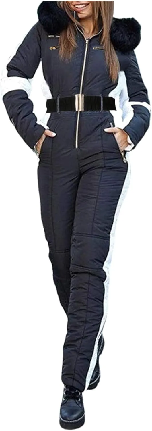 Women Winter One Piece Ski Suits Outdoor Sports Snowsuit Fur Collar Coat Jumpsuit with Hoodies Ski Jackets and Pants