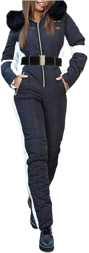Women Winter One Piece Ski Suits Outdoor Sports Snowsuit Fur Collar Coat Jumpsuit with Hoodies Ski Jackets and Pants