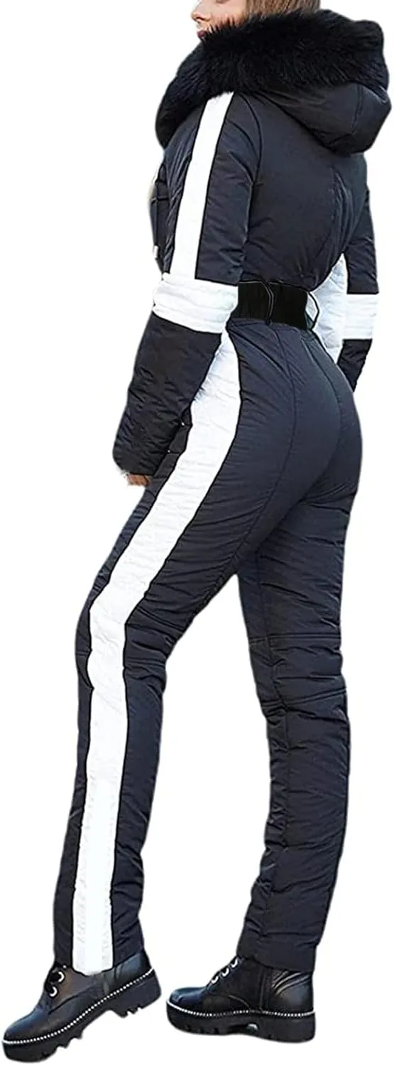 Women Winter One Piece Ski Suits Outdoor Sports Snowsuit Fur Collar Coat Jumpsuit with Hoodies Ski Jackets and Pants
