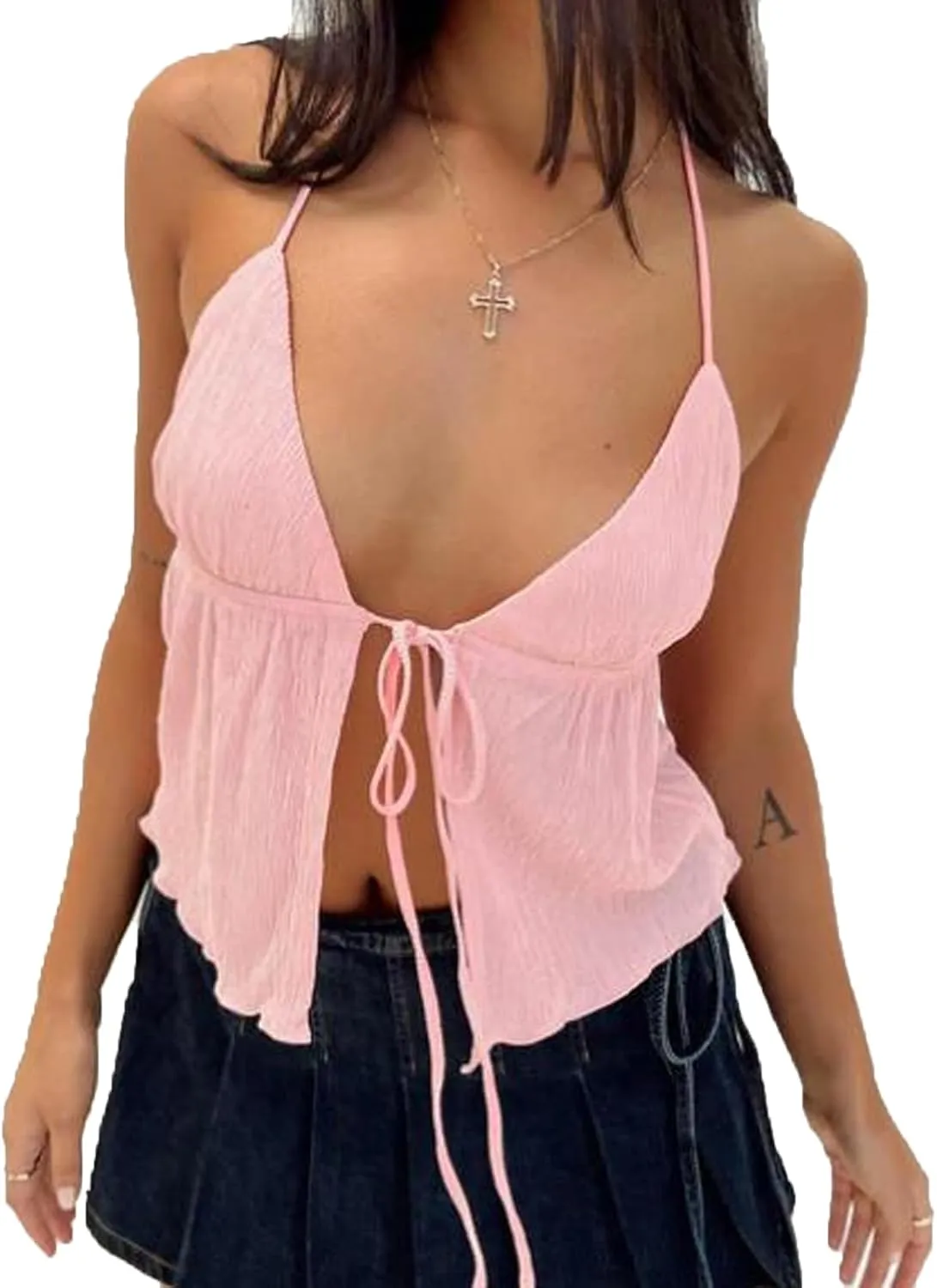 Women Y2K Backless Crop Top Deep V Neck Spaghetti Strap Tie Front Halter Top Sexy Summer Tank Cami Top Streetwear