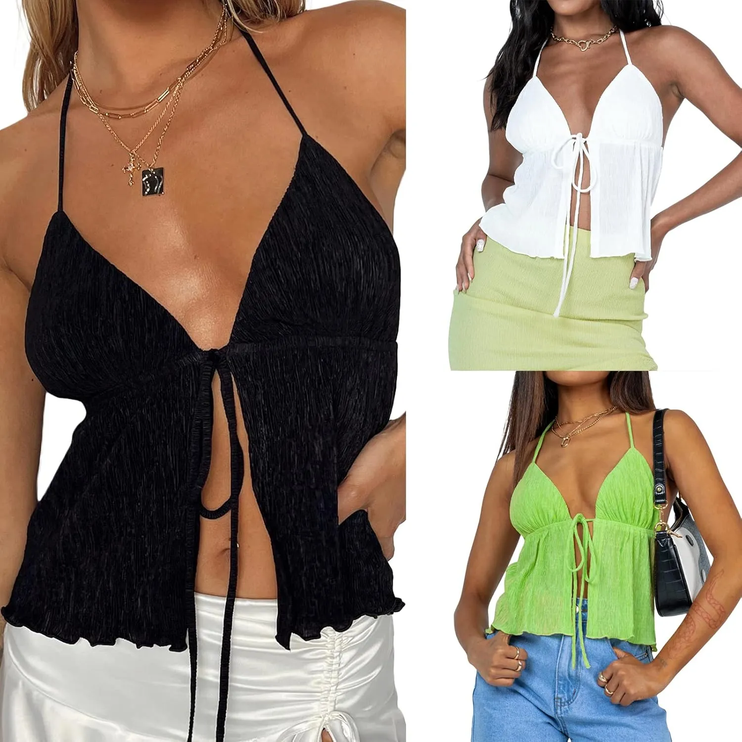 Women Y2K Backless Crop Top Deep V Neck Spaghetti Strap Tie Front Halter Top Sexy Summer Tank Cami Top Streetwear