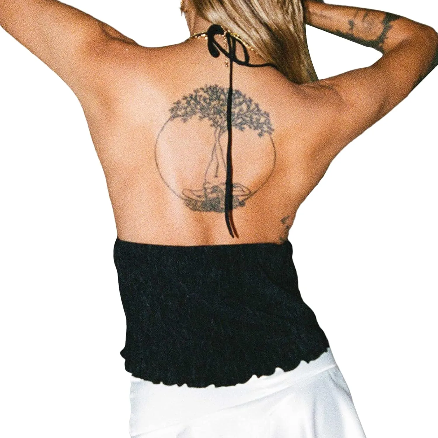 Women Y2K Backless Crop Top Deep V Neck Spaghetti Strap Tie Front Halter Top Sexy Summer Tank Cami Top Streetwear
