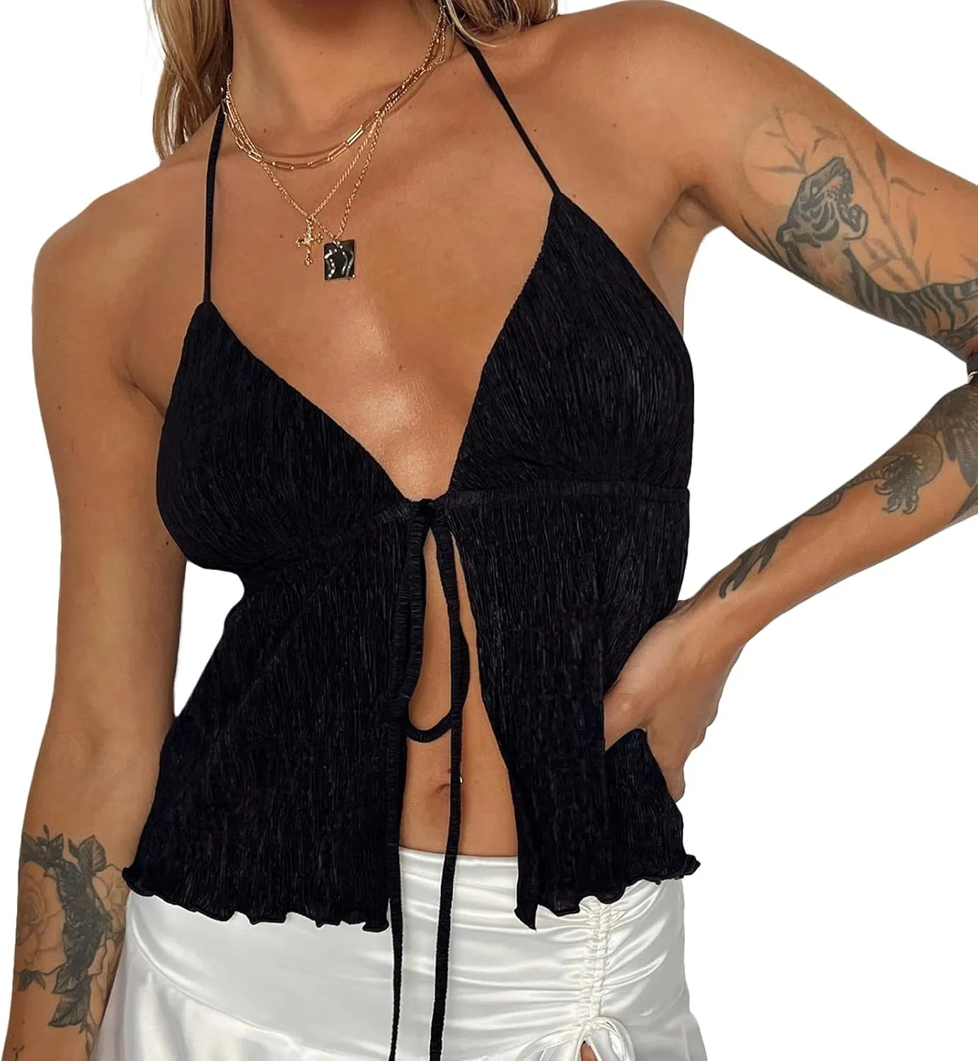 Women Y2K Backless Crop Top Deep V Neck Spaghetti Strap Tie Front Halter Top Sexy Summer Tank Cami Top Streetwear