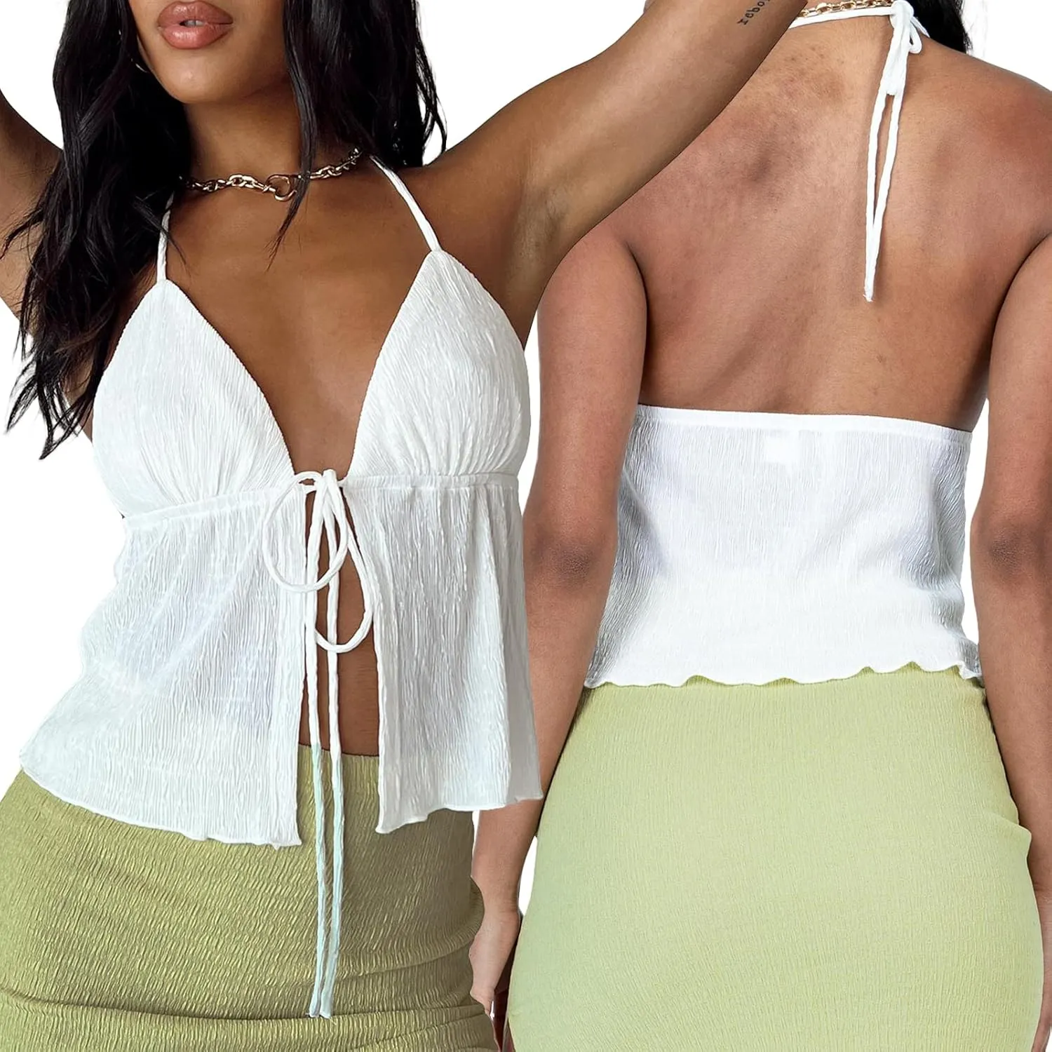 Women Y2K Backless Crop Top Deep V Neck Spaghetti Strap Tie Front Halter Top Sexy Summer Tank Cami Top Streetwear