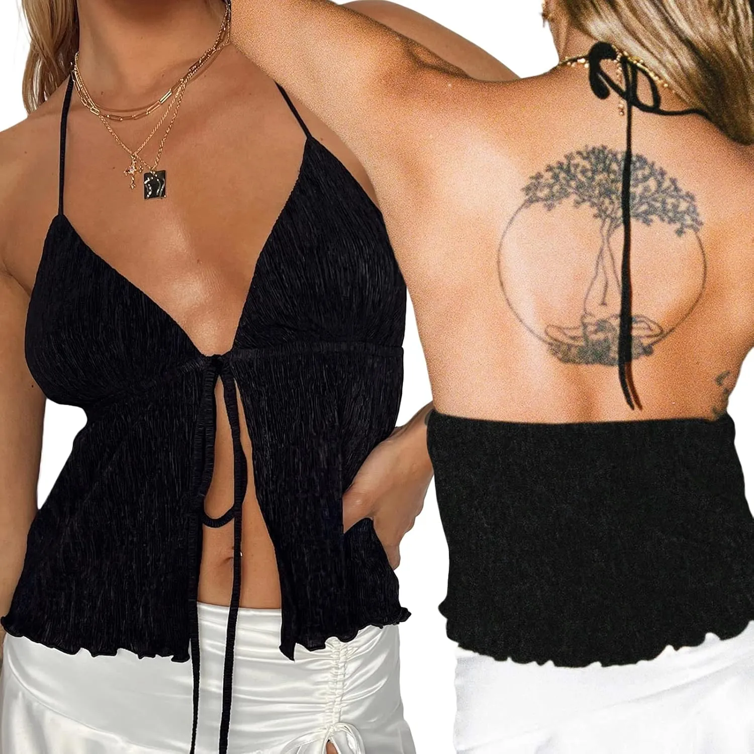 Women Y2K Backless Crop Top Deep V Neck Spaghetti Strap Tie Front Halter Top Sexy Summer Tank Cami Top Streetwear