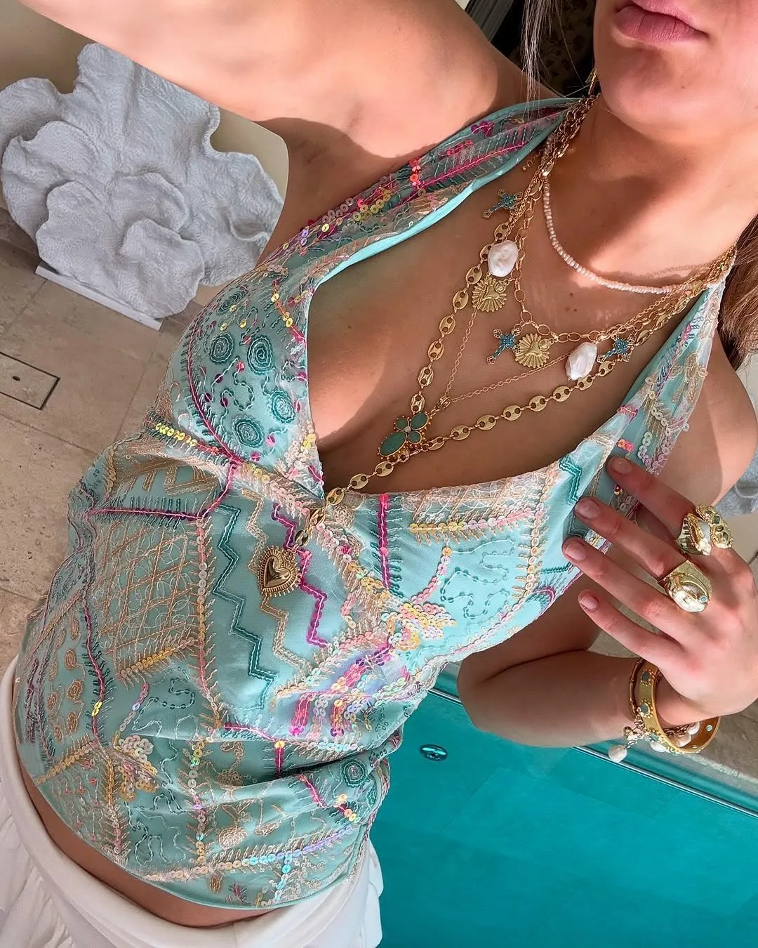 Women Y2k Floral Tank Top Sequin Halter Neck Beaded Top Sleeveless Tie Up Open Back Crop Top Summer Club Streetwear