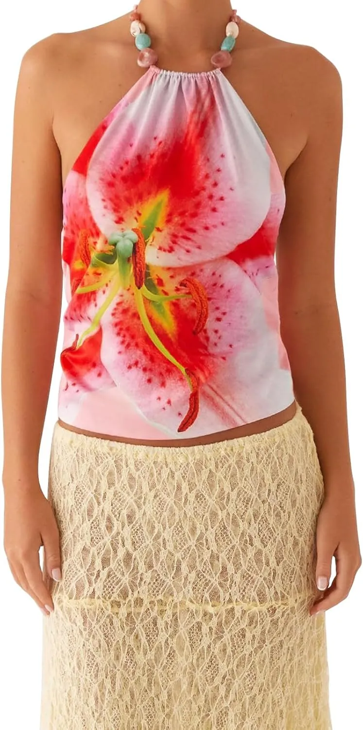 Women Y2k Floral Tank Top Sequin Halter Neck Beaded Top Sleeveless Tie Up Open Back Crop Top Summer Club Streetwear