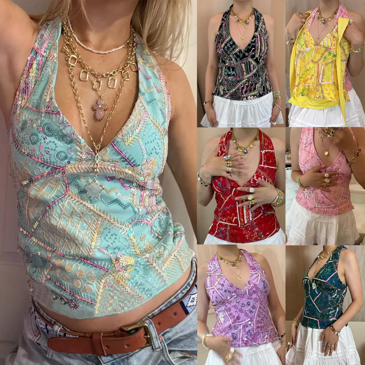Women Y2k Floral Tank Top Sequin Halter Neck Beaded Top Sleeveless Tie Up Open Back Crop Top Summer Club Streetwear