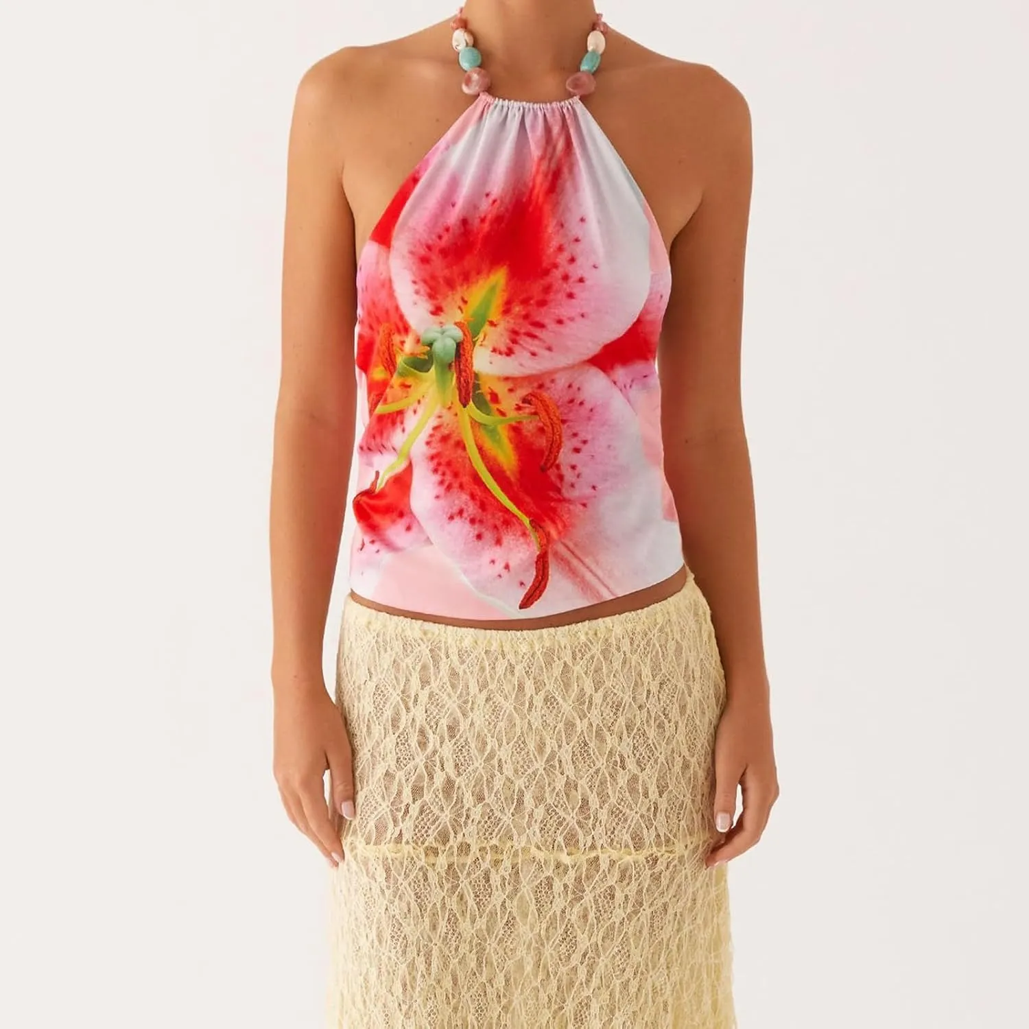 Women Y2k Floral Tank Top Sequin Halter Neck Beaded Top Sleeveless Tie Up Open Back Crop Top Summer Club Streetwear