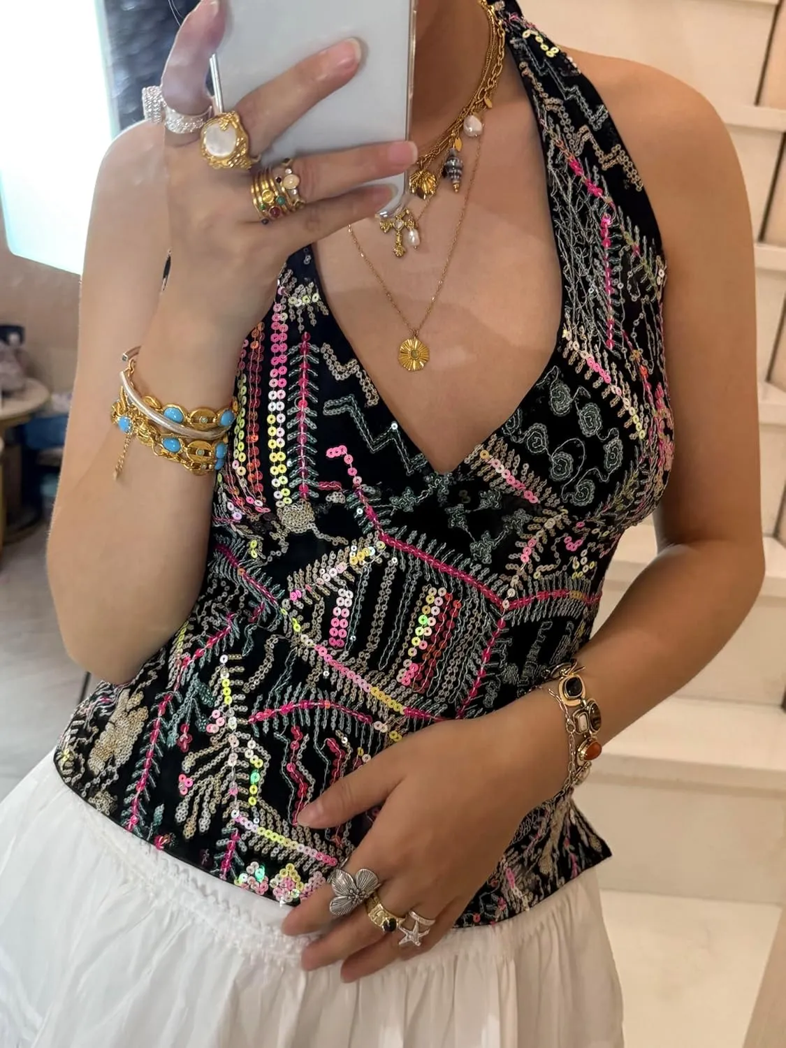 Women Y2k Floral Tank Top Sequin Halter Neck Beaded Top Sleeveless Tie Up Open Back Crop Top Summer Club Streetwear
