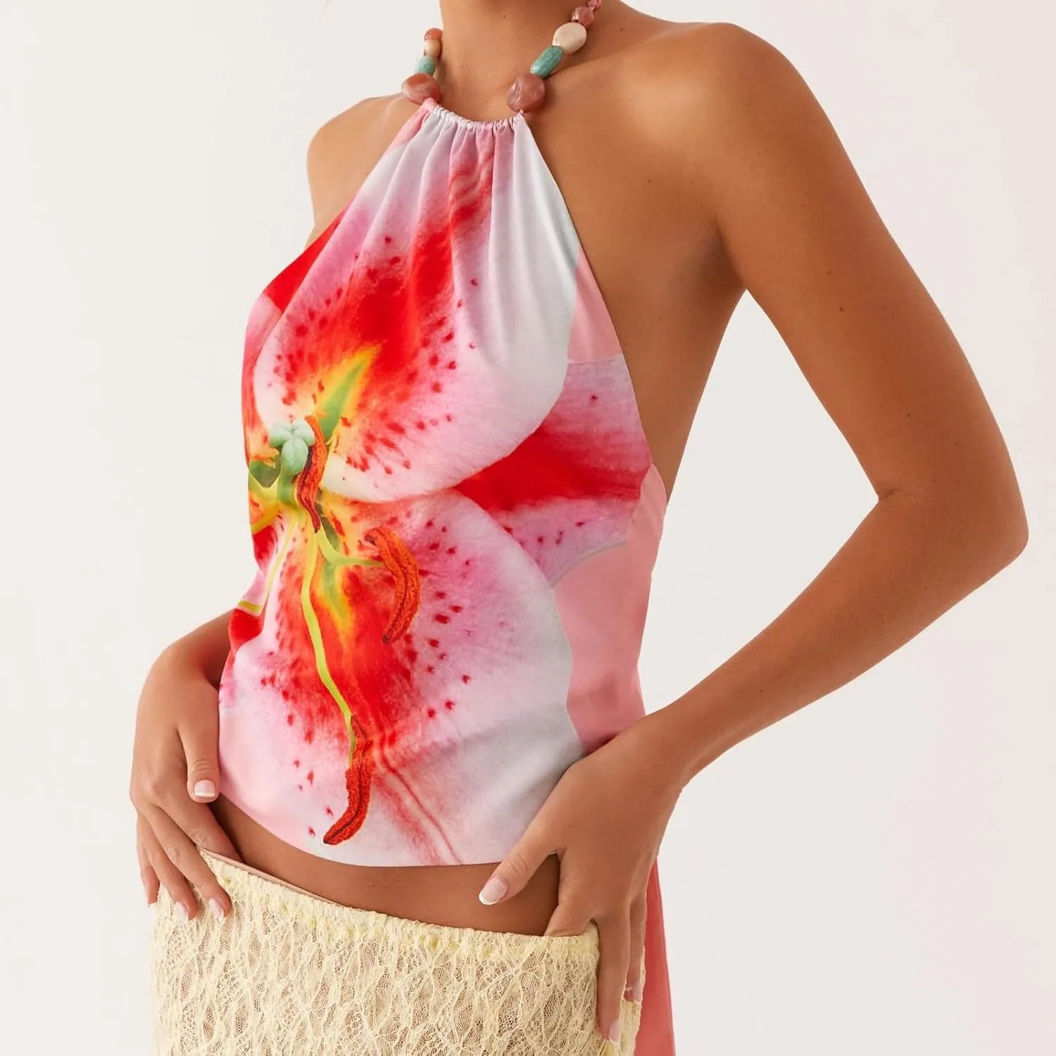 Women Y2k Floral Tank Top Sequin Halter Neck Beaded Top Sleeveless Tie Up Open Back Crop Top Summer Club Streetwear