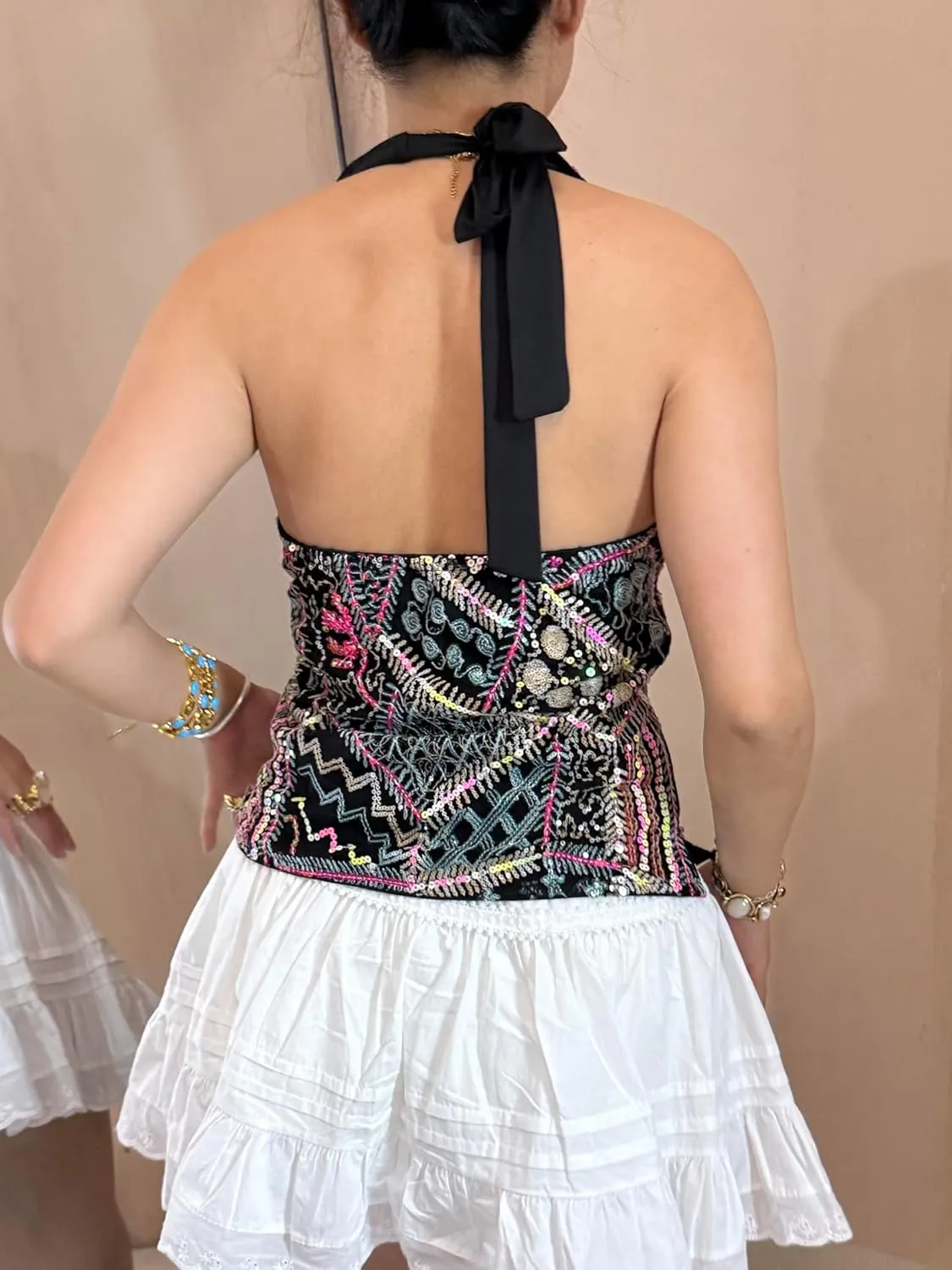 Women Y2k Floral Tank Top Sequin Halter Neck Beaded Top Sleeveless Tie Up Open Back Crop Top Summer Club Streetwear
