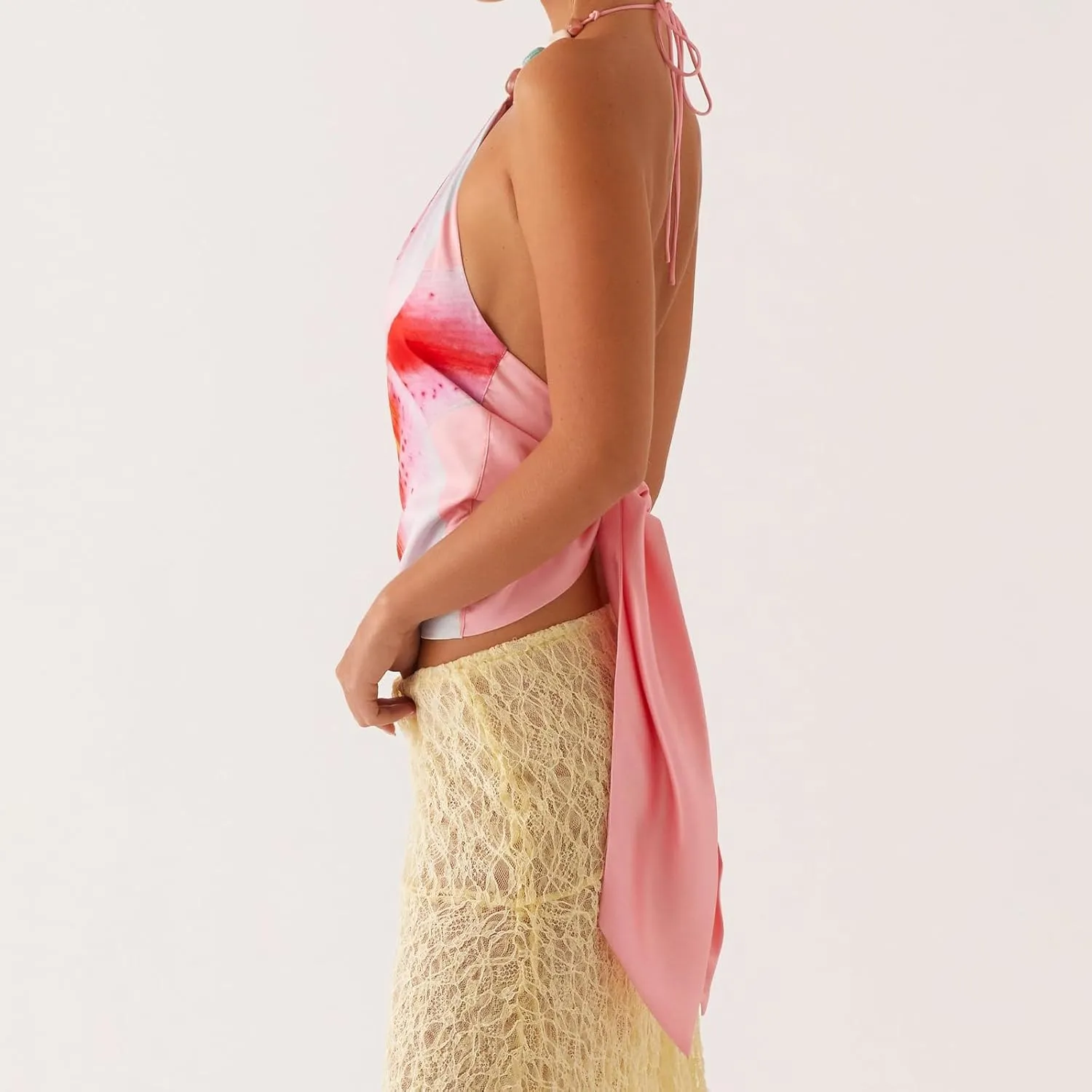 Women Y2k Floral Tank Top Sequin Halter Neck Beaded Top Sleeveless Tie Up Open Back Crop Top Summer Club Streetwear