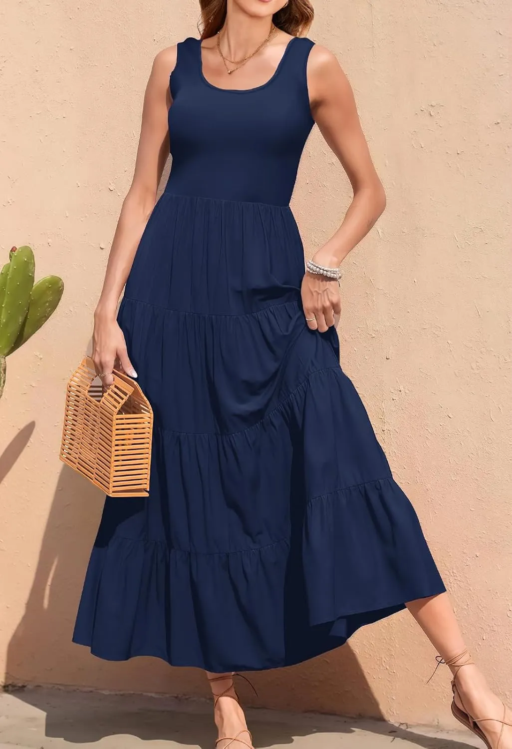 Women's 2025 Casual Loose Plain Maxi Sundress Smocked Tank Dress Sleeveless Summer Beach Tiered Long Dress